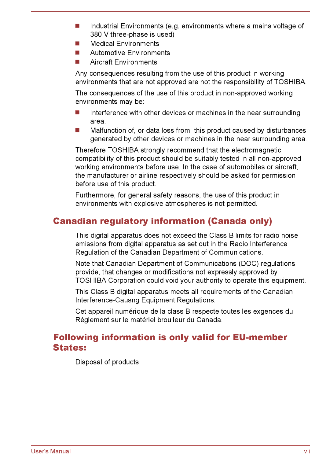 Toshiba L775D, L770D Canadian regulatory information Canada only, Following information is only valid for EU-member States 