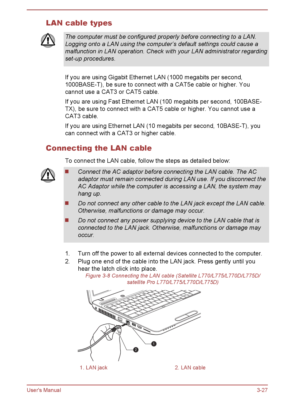 Toshiba C670D, Pro C470D, Pro L770D, Pro L775D, Pro C670, Pro C676, C675D user manual LAN cable types, Connecting the LAN cable 