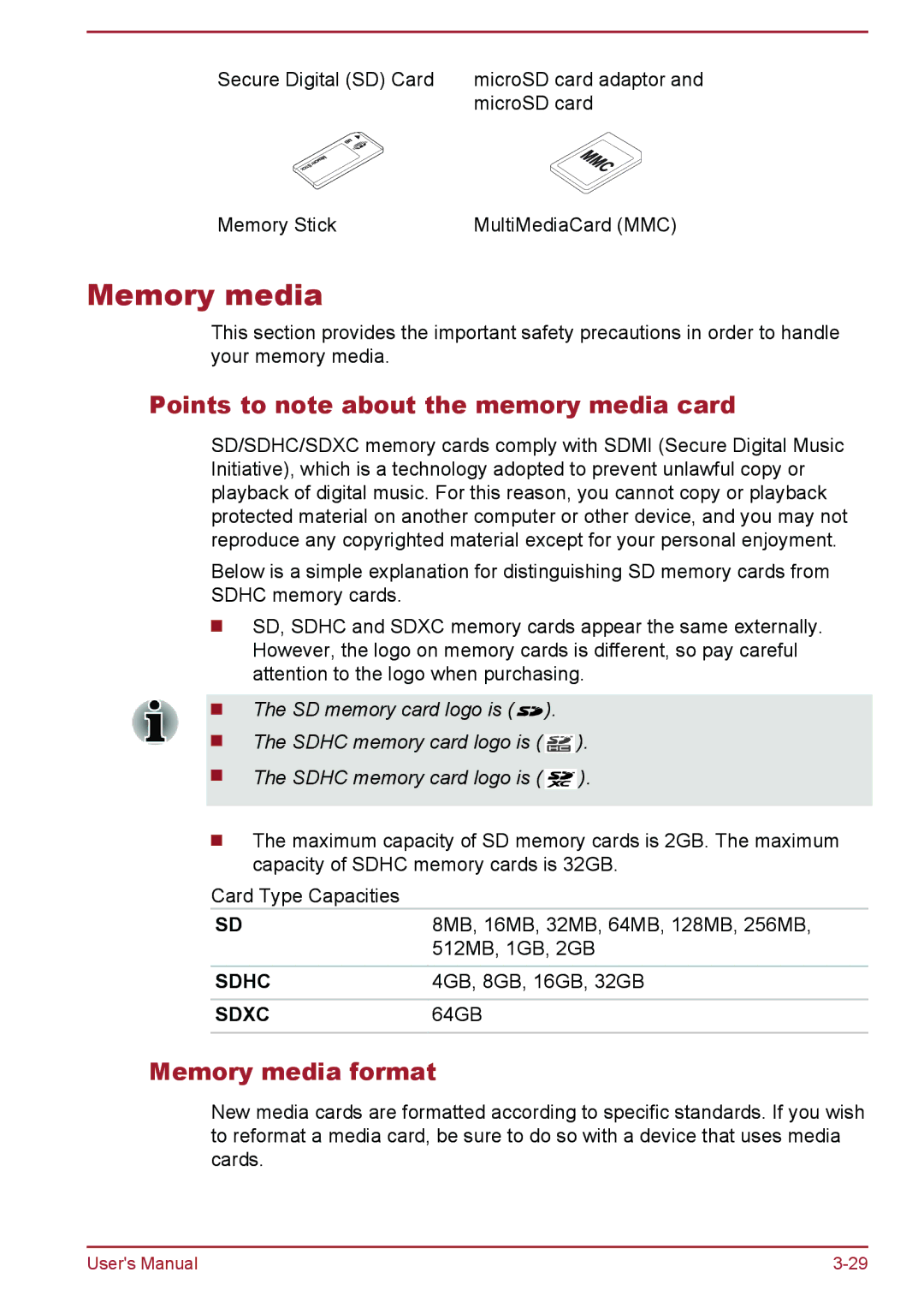 Toshiba Pro C470D, Pro L770D, Pro L775D, Pro C670, C675D Points to note about the memory media card, Memory media format 