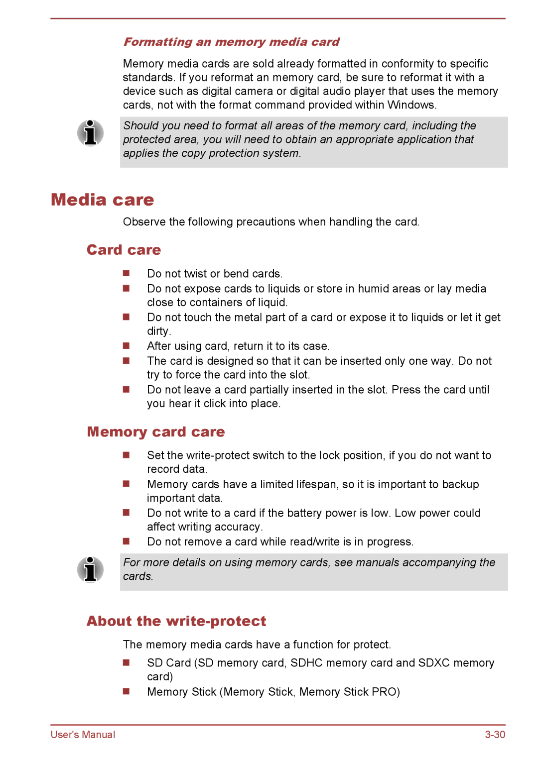 Toshiba Pro L770D, L775D Media care, Card care, Memory card care, About the write-protect, Formatting an memory media card 