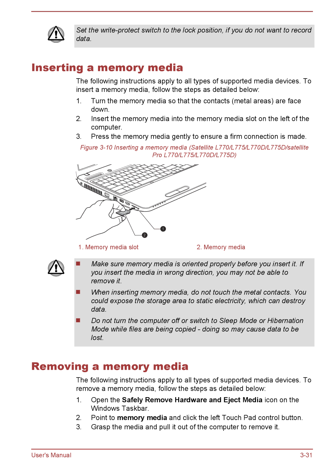 Toshiba Pro L775D, Pro C470D, Pro L770D, Pro C670, Pro C676, C675D, C670D Inserting a memory media, Removing a memory media 