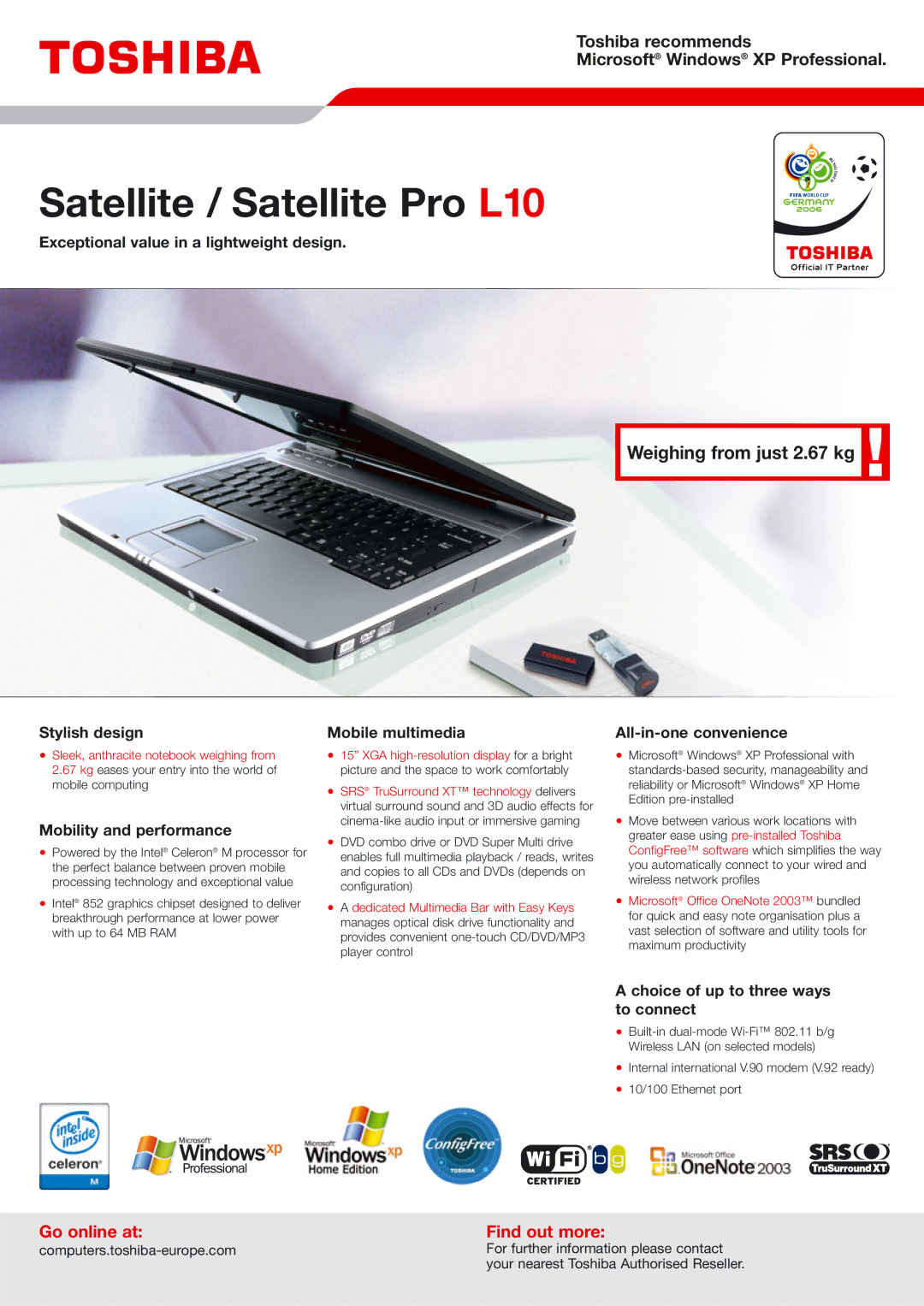 Toshiba Pro L10 manual Exceptional value in a lightweight design, Stylish design, Mobility and performance 