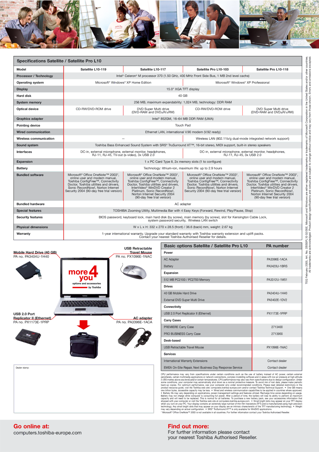 Toshiba manual Specifications Satellite / Satellite Pro L10, Basic options Satellite / Satellite Pro L10 