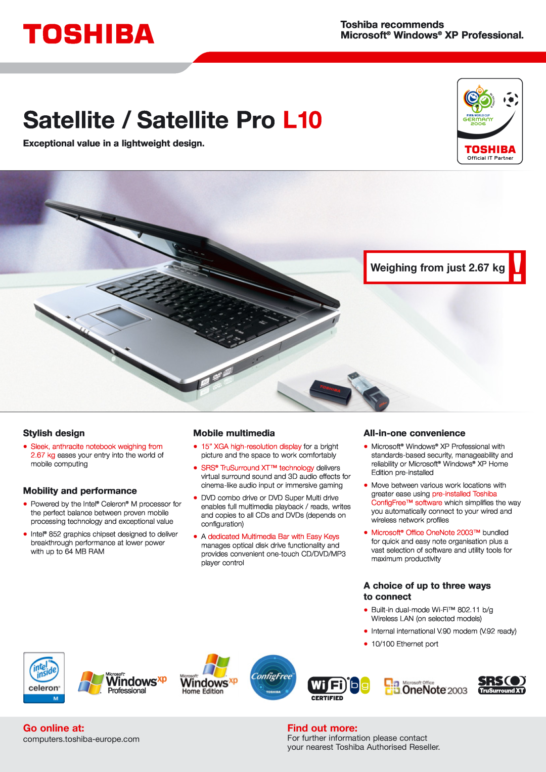 Toshiba Pro L10 manual Go online at, Find out more, computers.toshiba-europe.com, For further information please contact 