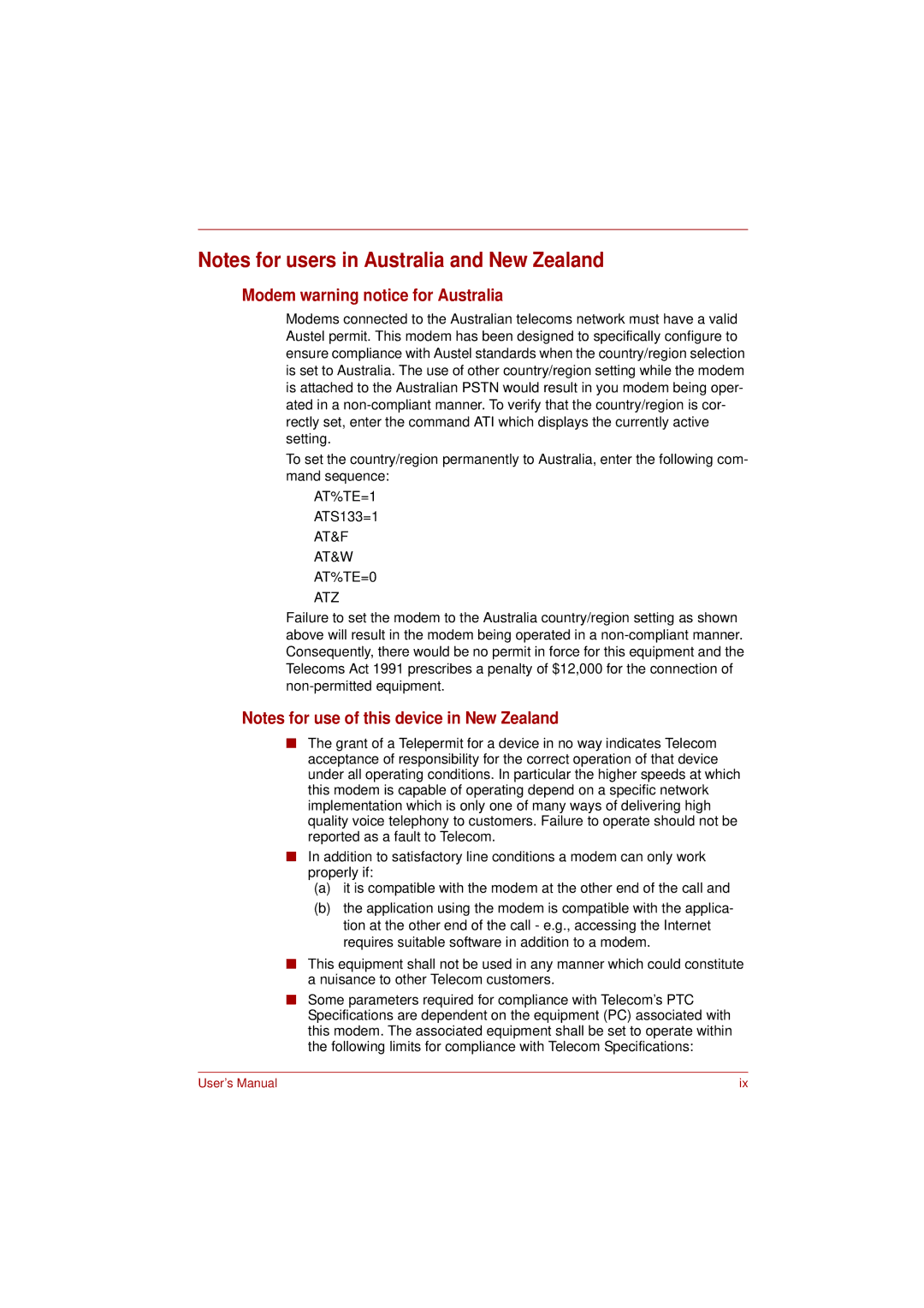 Toshiba PRO L300D user manual Modem warning notice for Australia, AT&F AT&W AT%TE=0 ATZ 