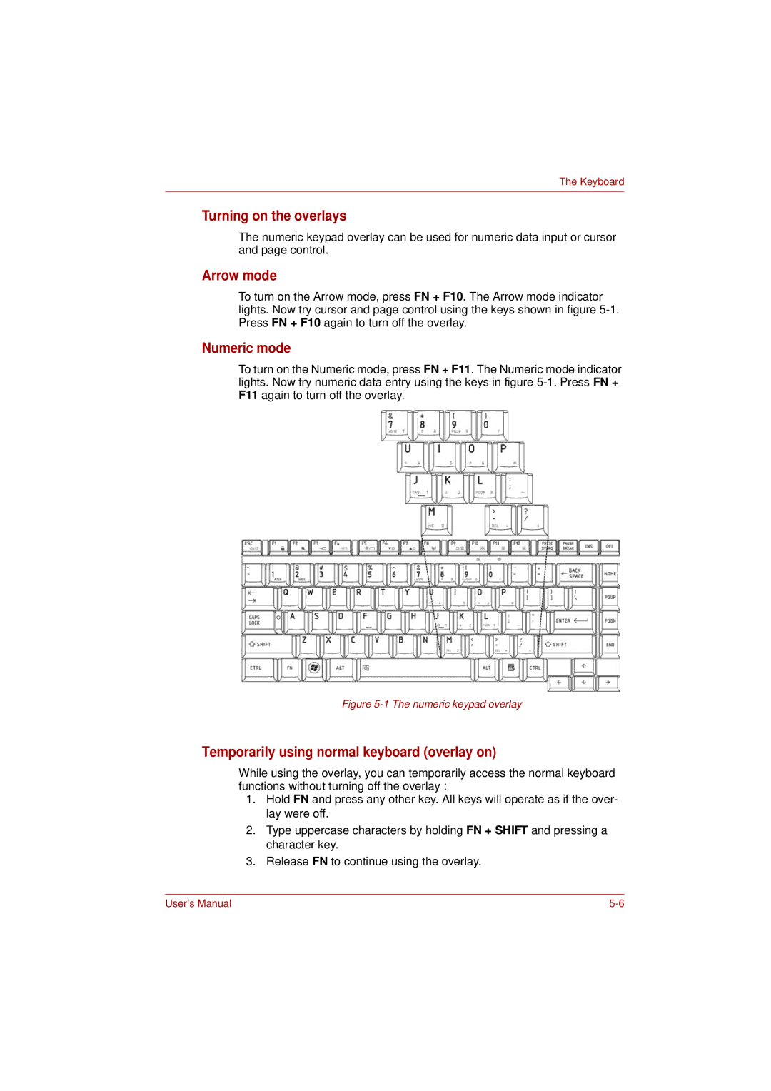 Toshiba PRO L300D Turning on the overlays, Arrow mode, Numeric mode, Temporarily using normal keyboard overlay on 