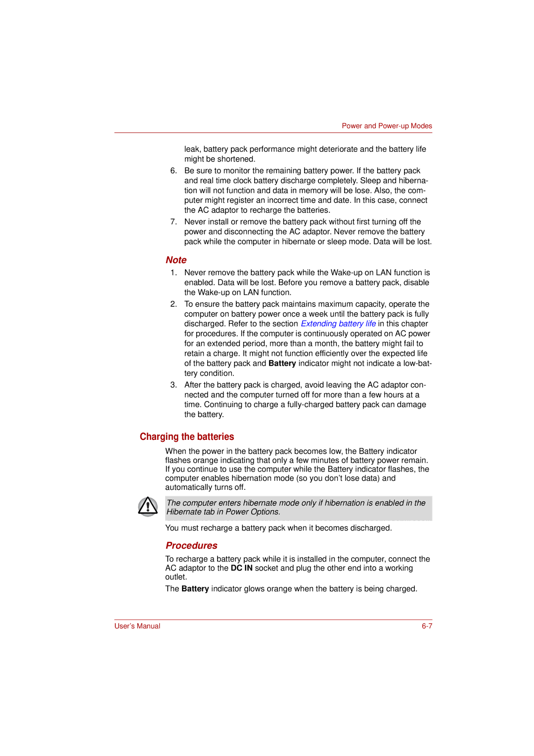 Toshiba PRO L300D user manual Charging the batteries, Procedures 