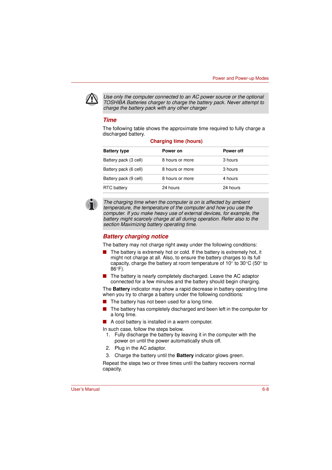 Toshiba PRO L300D user manual Time, Battery charging notice 