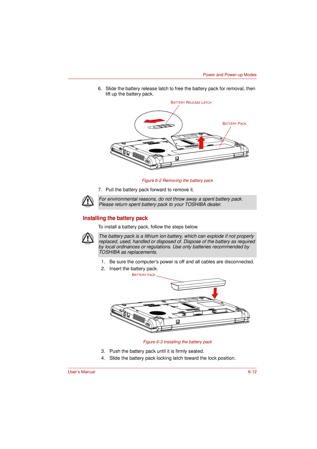 Toshiba PRO L300D user manual Installing the battery pack, Removing the battery pack 