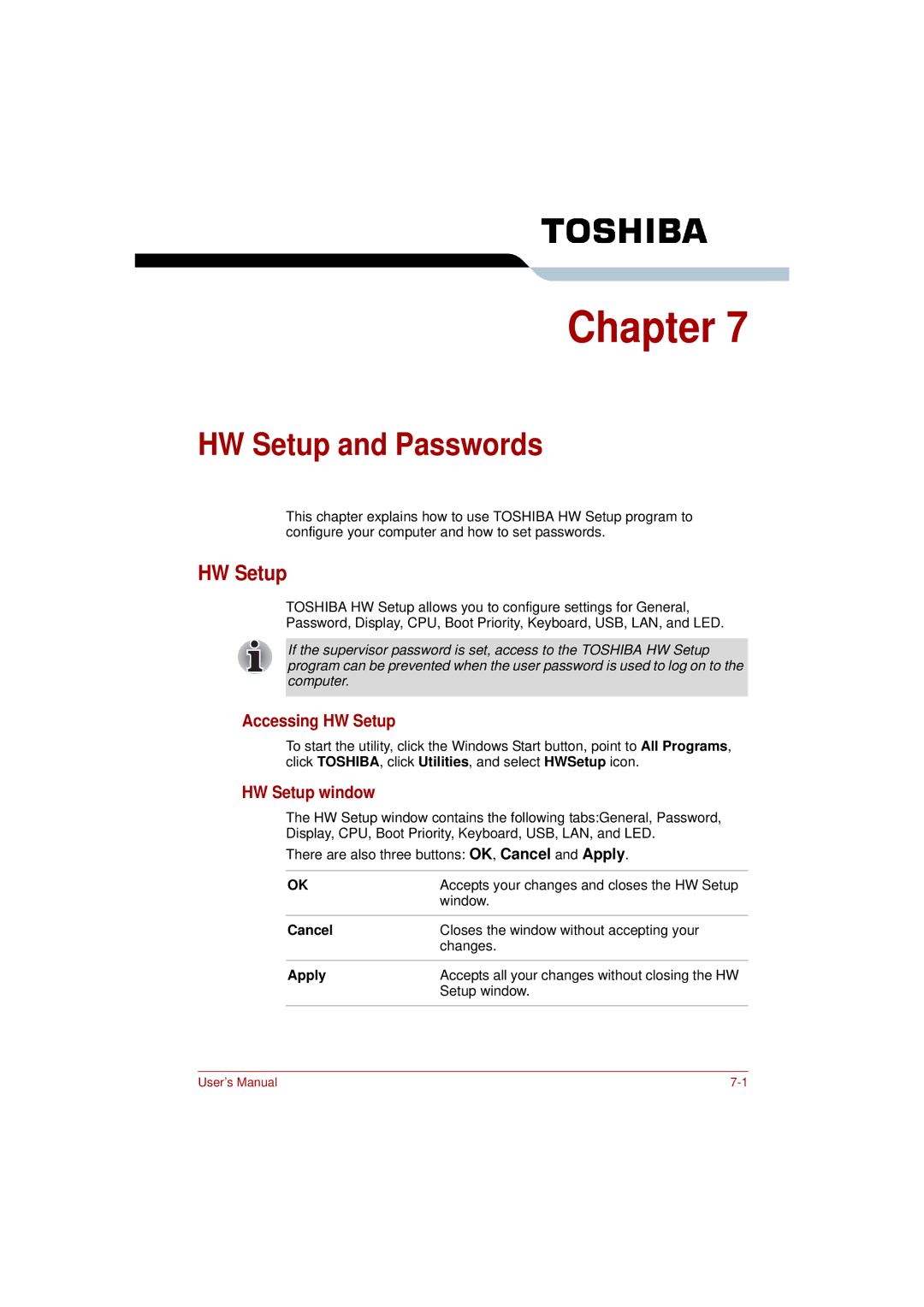 Toshiba PRO L300D user manual HW Setup and Passwords, Accessing HW Setup, HW Setup window 