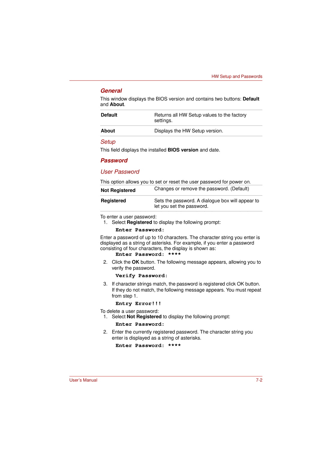 Toshiba L300D General, Password, Not Registered Changes or remove the password. Default, Let you set the password 