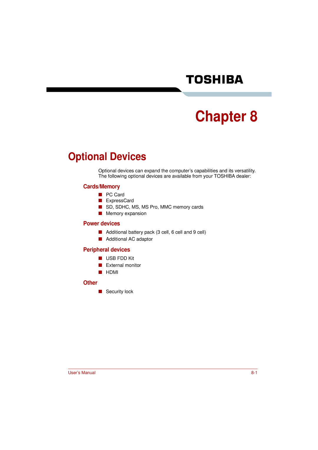 Toshiba PRO L300D user manual Optional Devices, Cards/Memory, Power devices, Peripheral devices, Other 