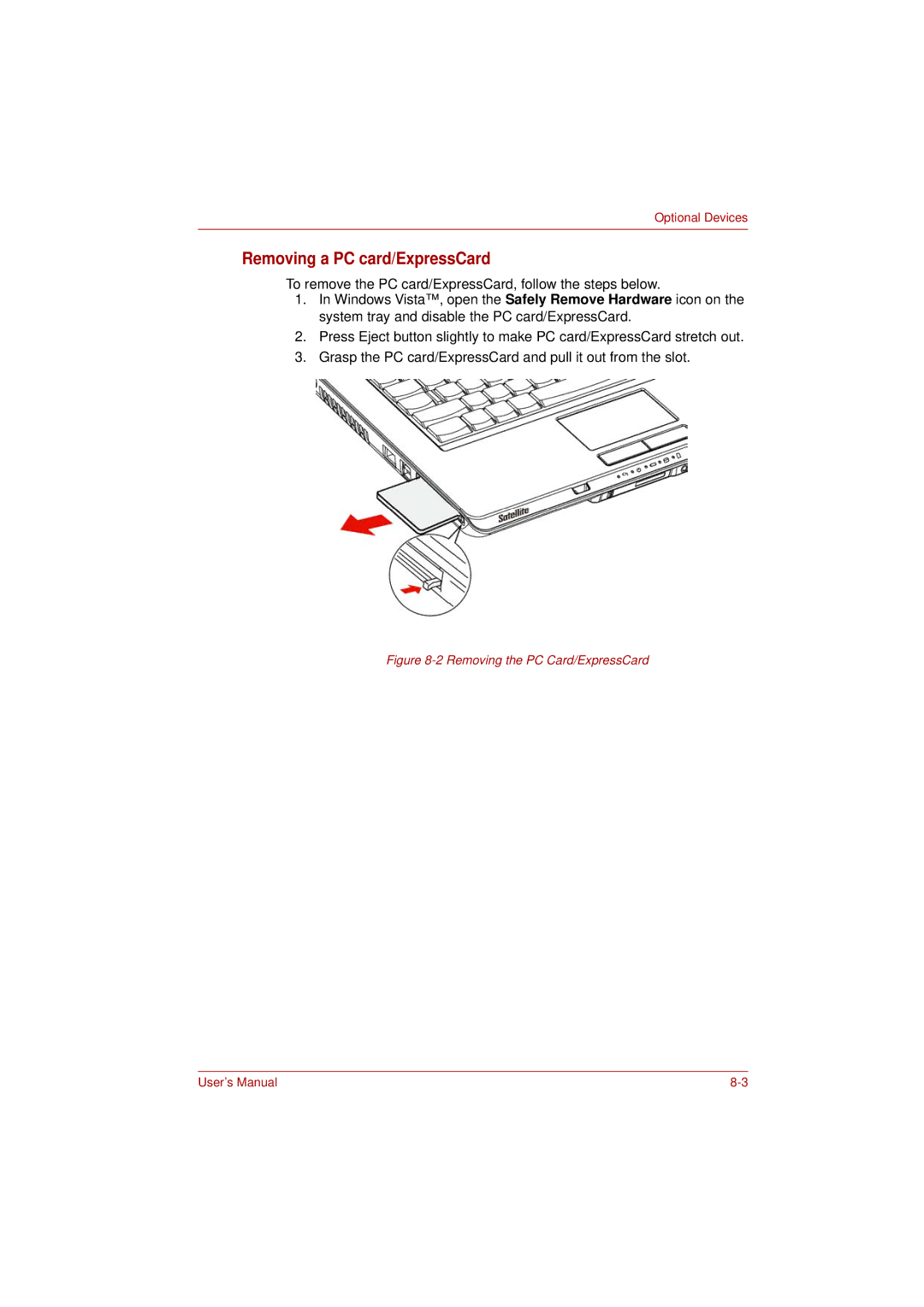 Toshiba PRO L300D user manual Removing a PC card/ExpressCard, Removing the PC Card/ExpressCard 