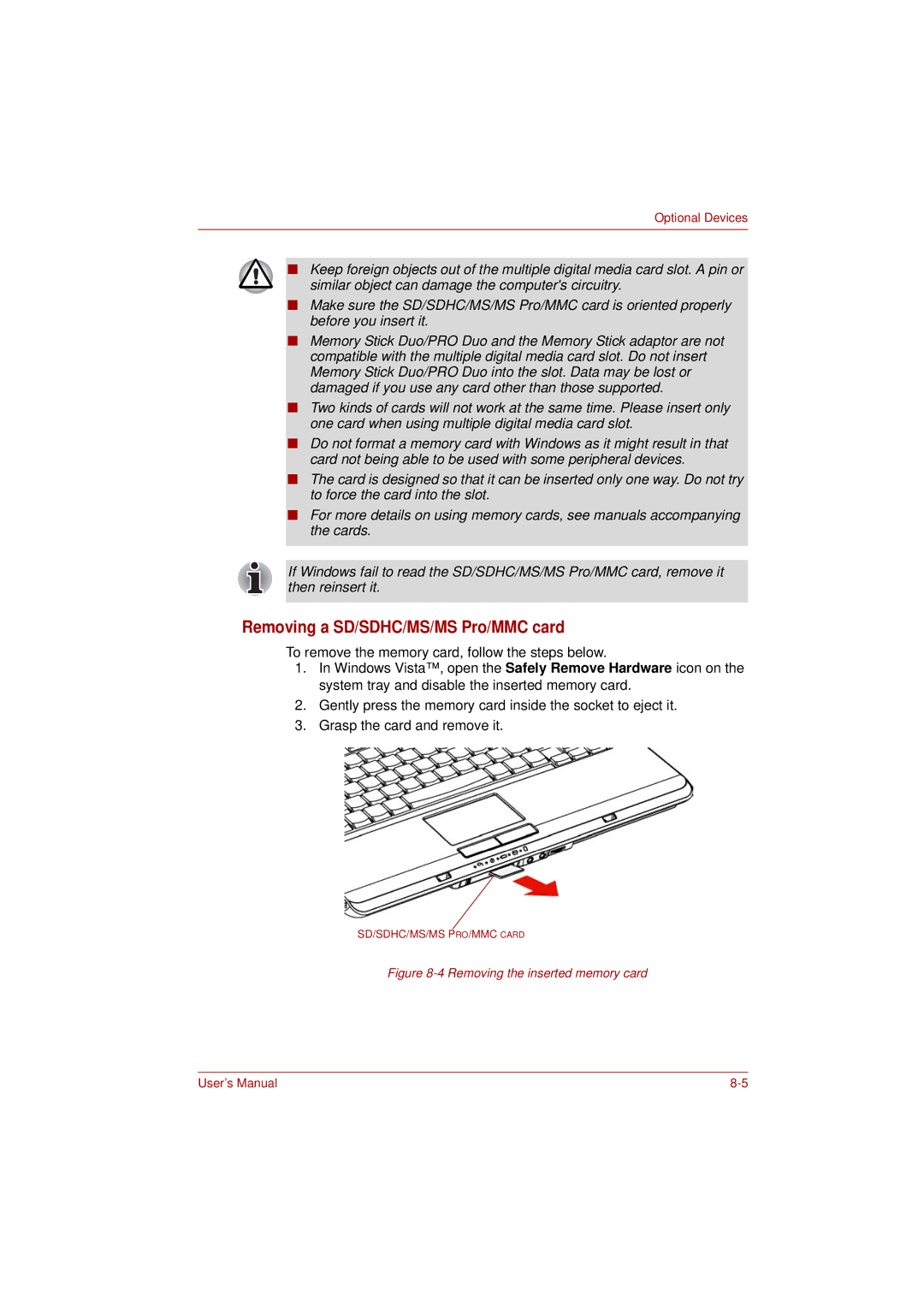 Toshiba PRO L300D user manual Removing a SD/SDHC/MS/MS Pro/MMC card, Removing the inserted memory card 