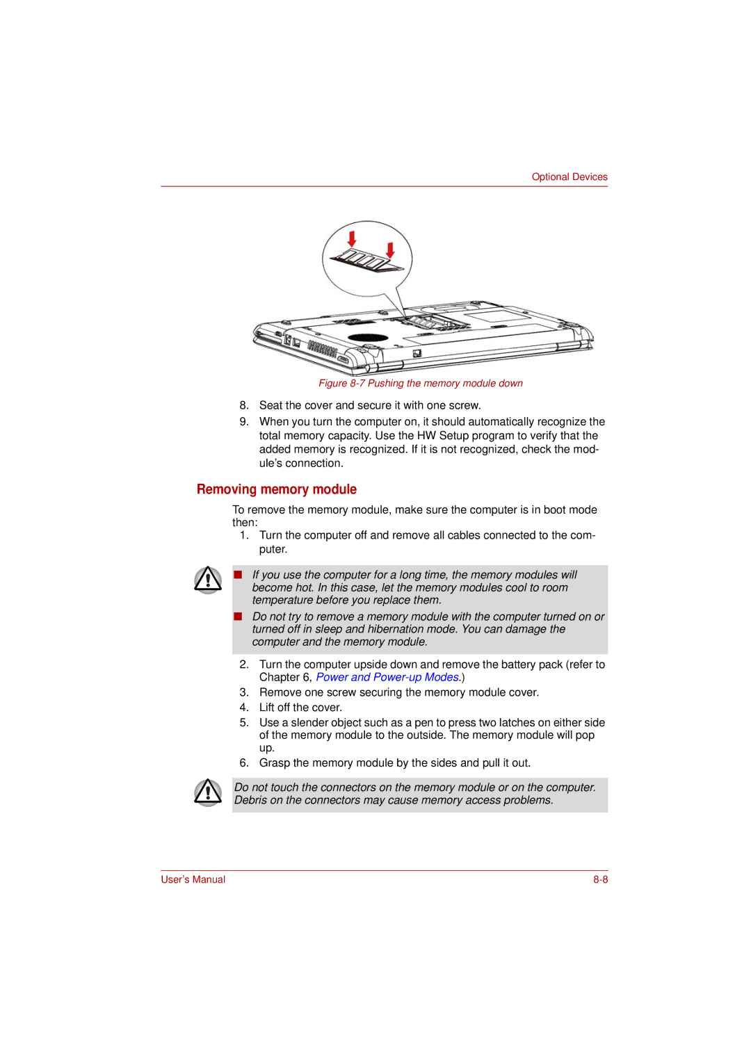 Toshiba PRO L300D user manual Removing memory module, Pushing the memory module down 