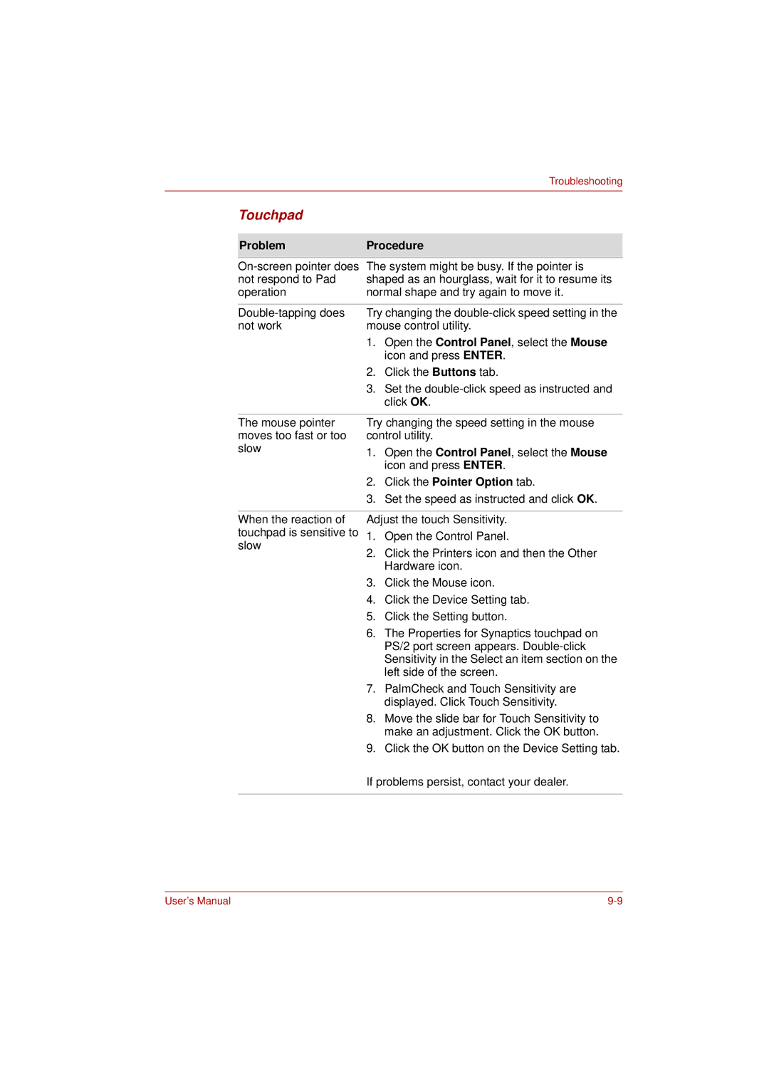 Toshiba PRO L300D user manual Touchpad, Click the Pointer Option tab 