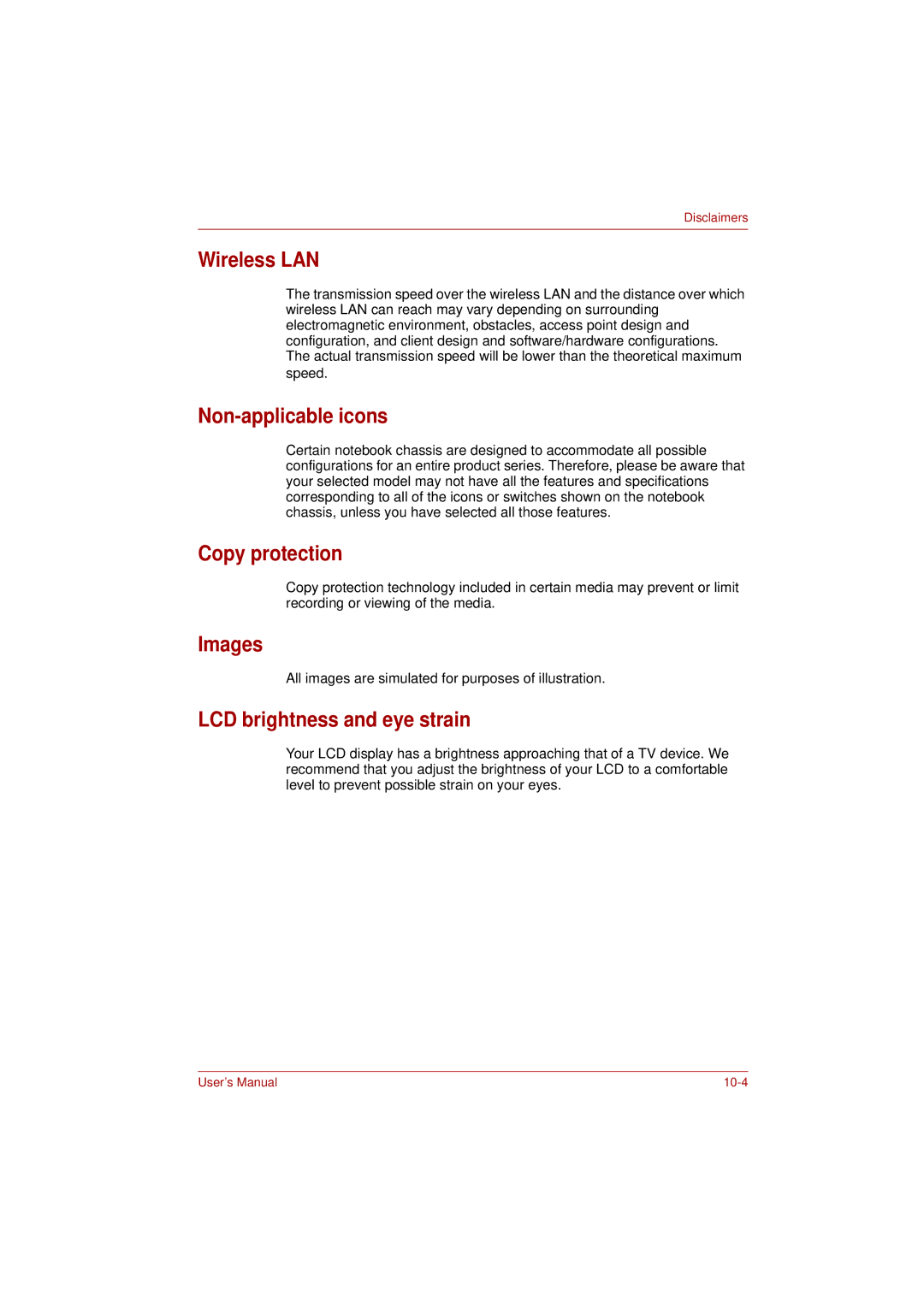 Toshiba PRO L300D user manual Wireless LAN, Non-applicable icons, Copy protection, Images, LCD brightness and eye strain 