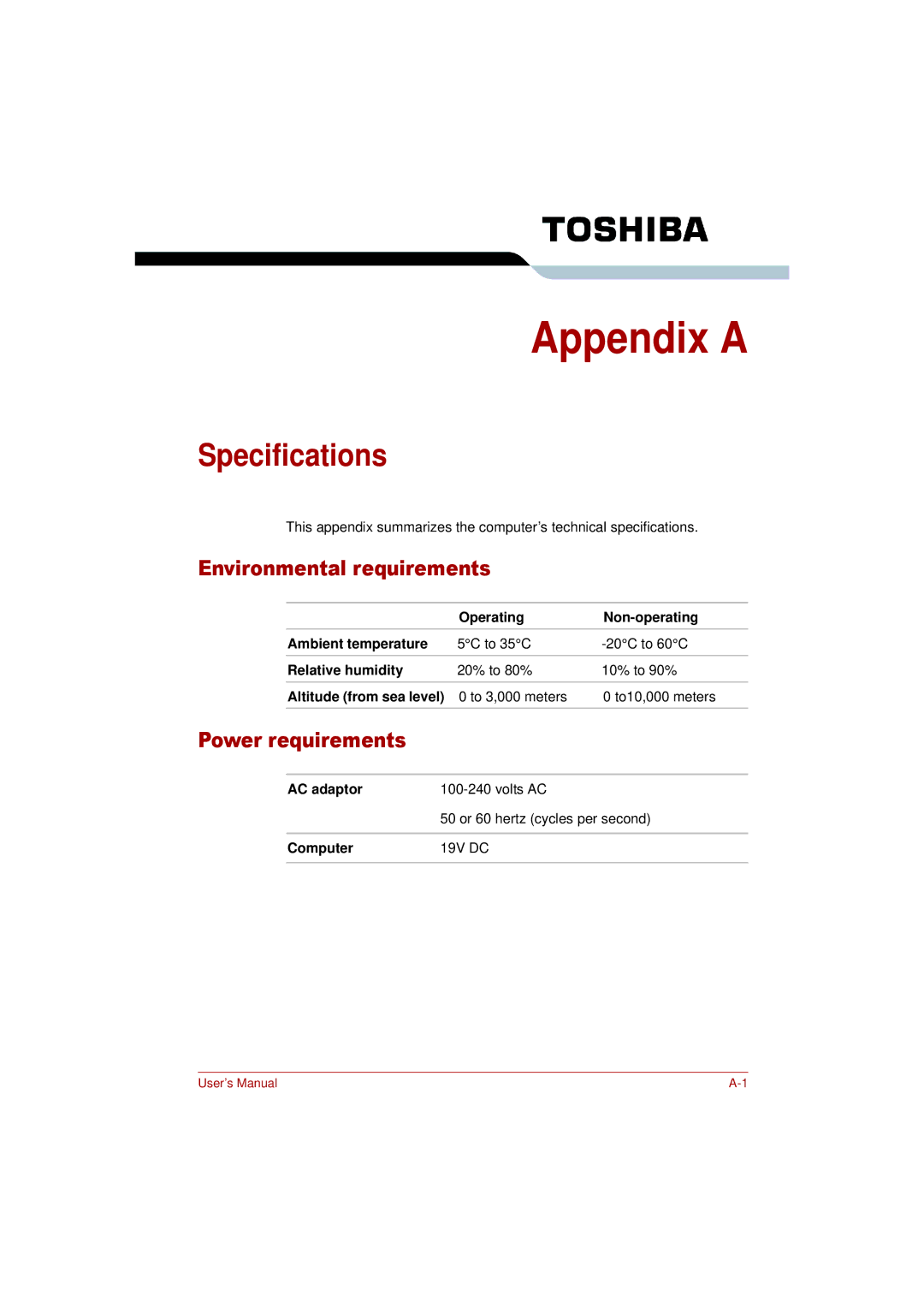 Toshiba PRO L300D user manual Specifications, Environmental requirements, Power requirements 