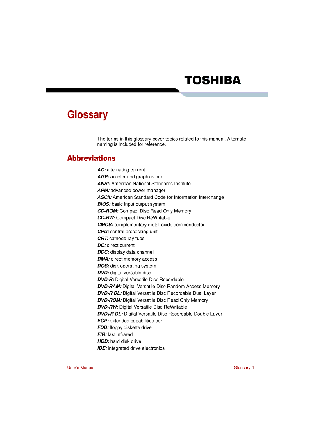 Toshiba PRO L300D user manual Glossary, Abbreviations 