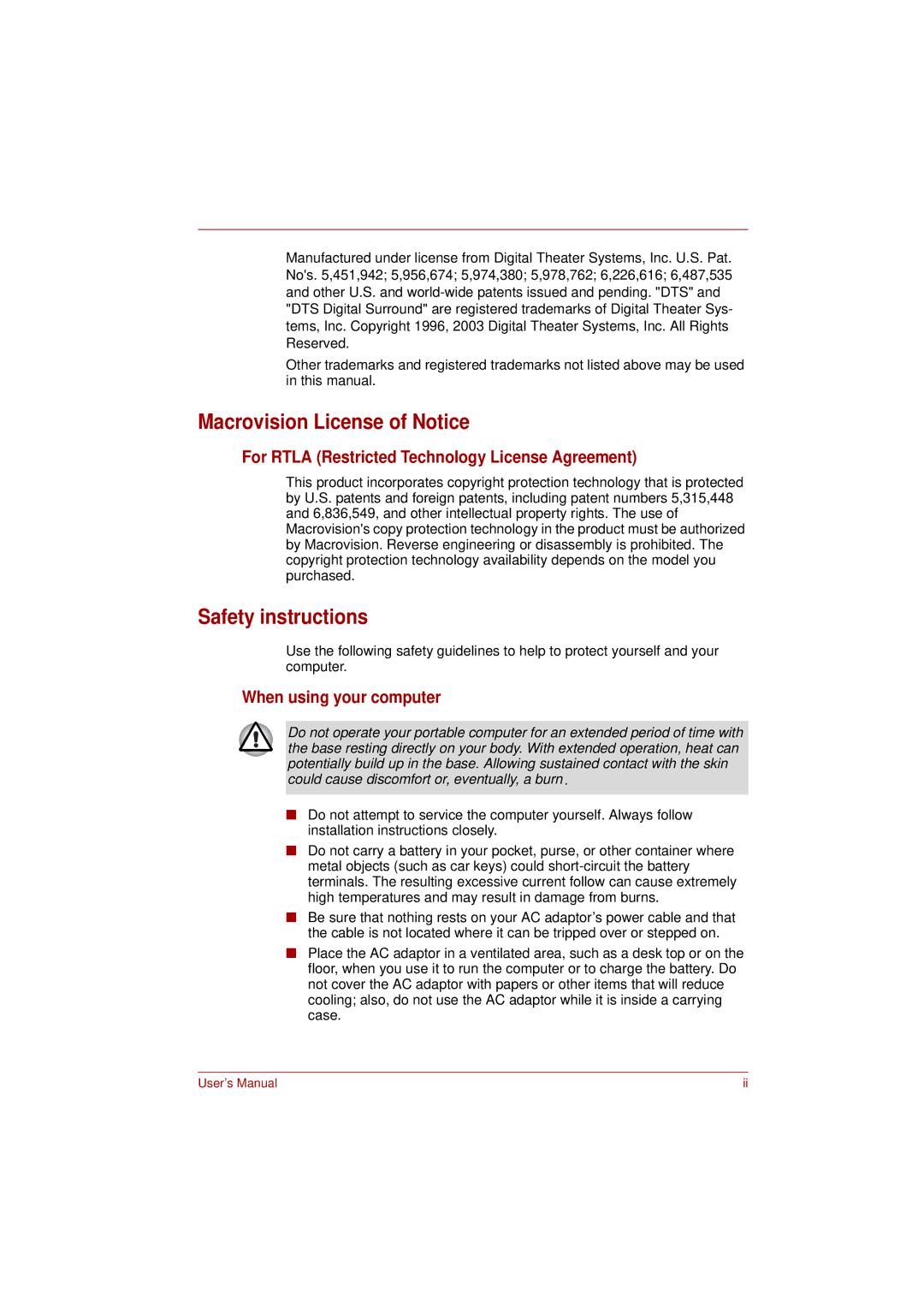 Toshiba L300D Macrovision License of Notice, Safety instructions, For Rtla Restricted Technology License Agreement 