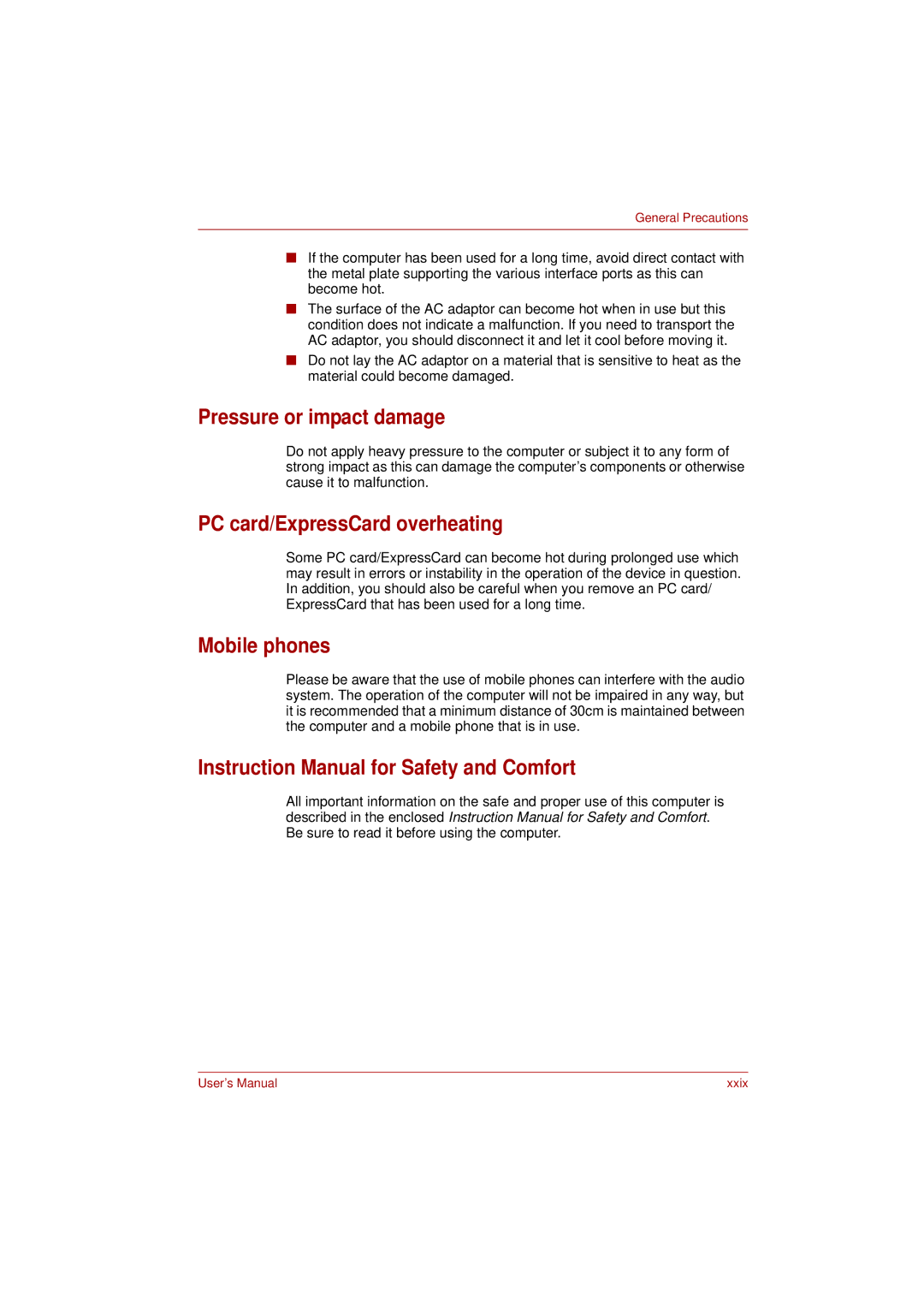 Toshiba PRO L300D user manual Pressure or impact damage, PC card/ExpressCard overheating, Mobile phones 