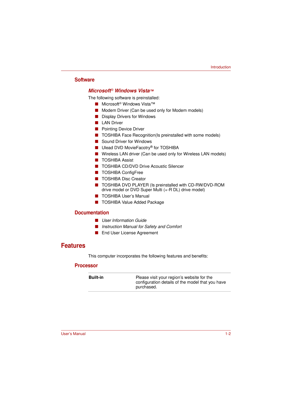 Toshiba PRO L300D user manual Features, Software, Documentation, Processor, Microsoft Windows Vista 