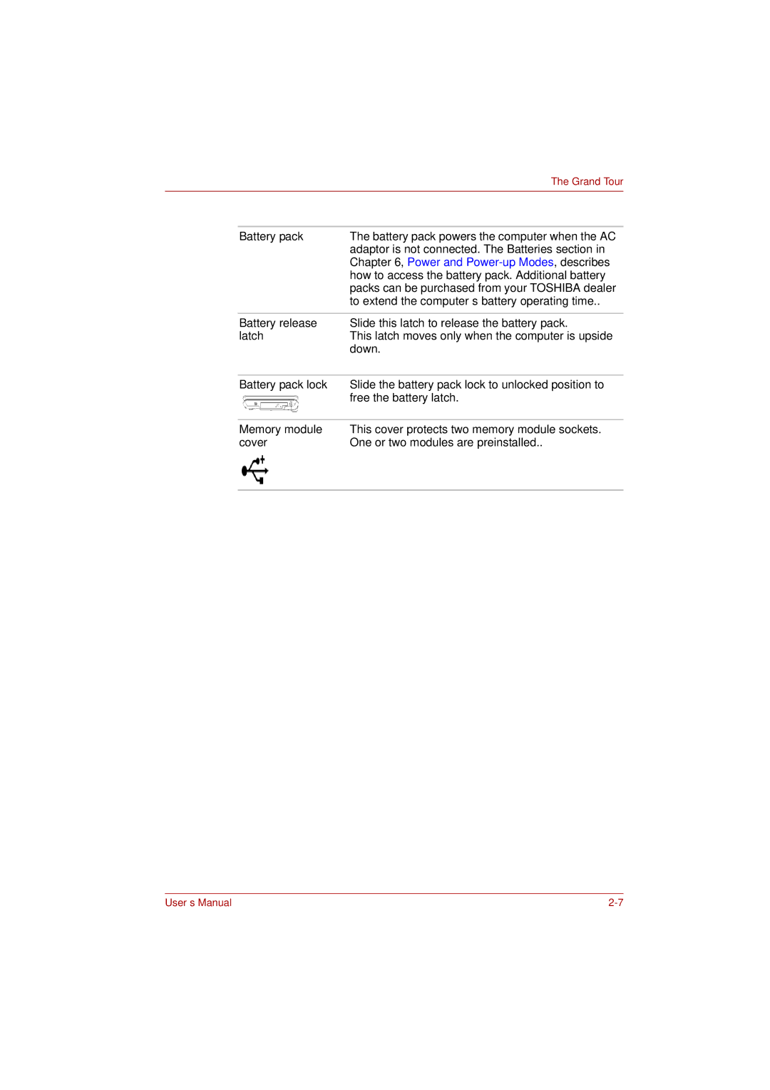 Toshiba PRO L300D user manual Battery release, Latch, Battery pack lock, Memory module, Cover 