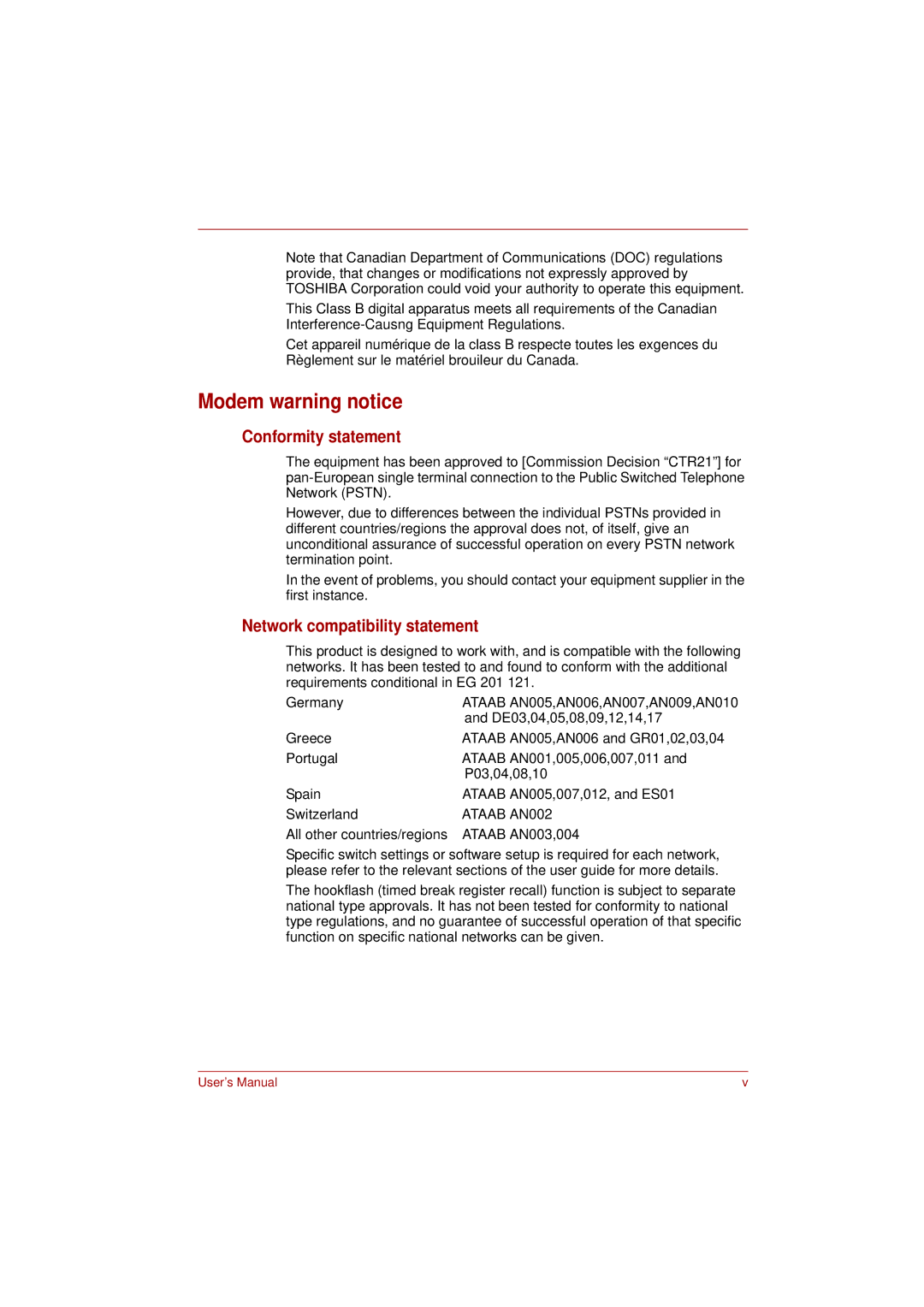 Toshiba PRO L300D user manual Modem warning notice, Conformity statement, Network compatibility statement 