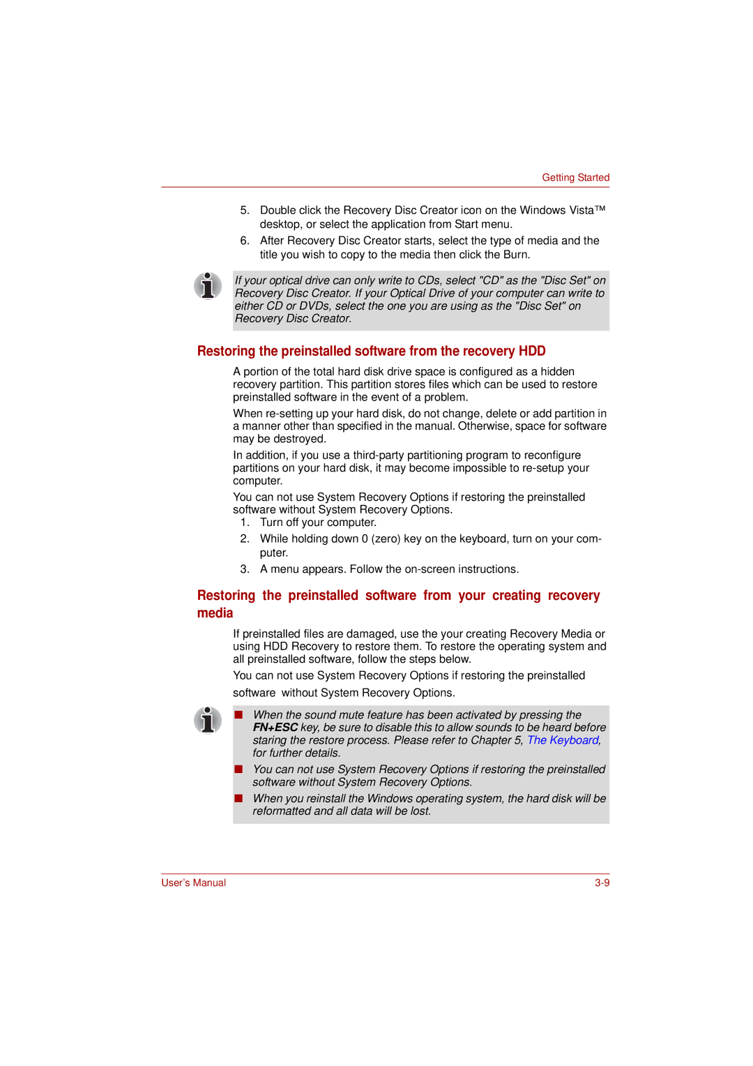 Toshiba PRO L300D user manual Restoring the preinstalled software from the recovery HDD 