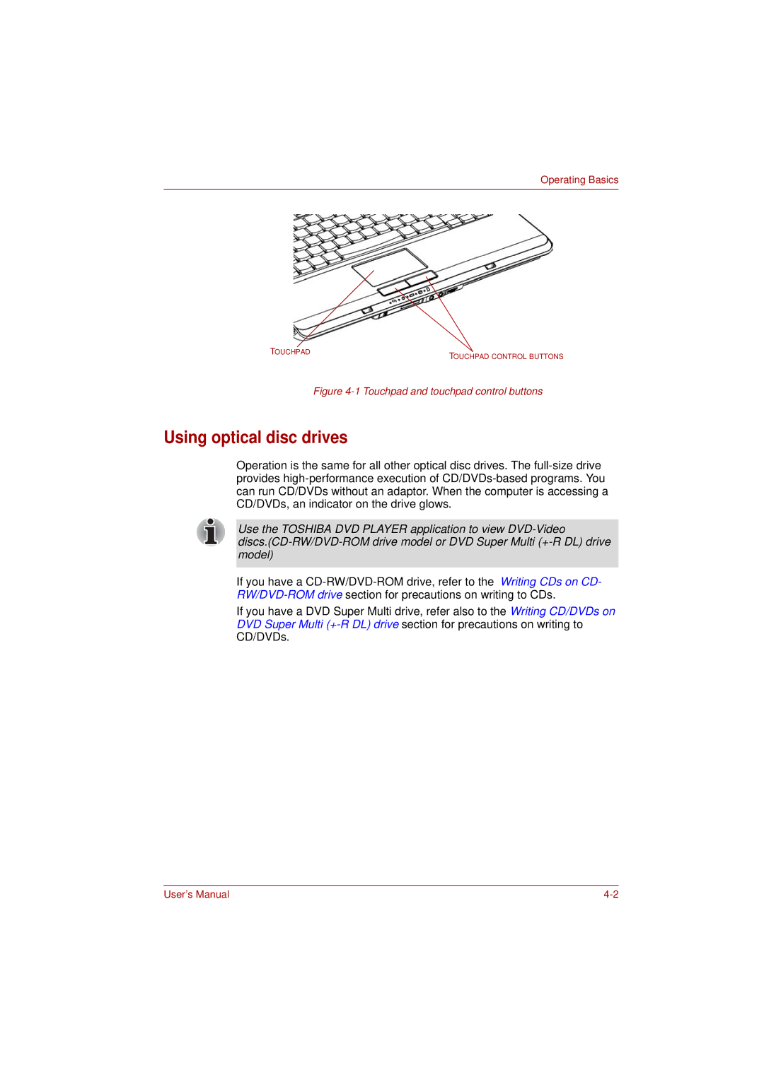 Toshiba PRO L300D user manual Using optical disc drives, Touchpad and touchpad control buttons 