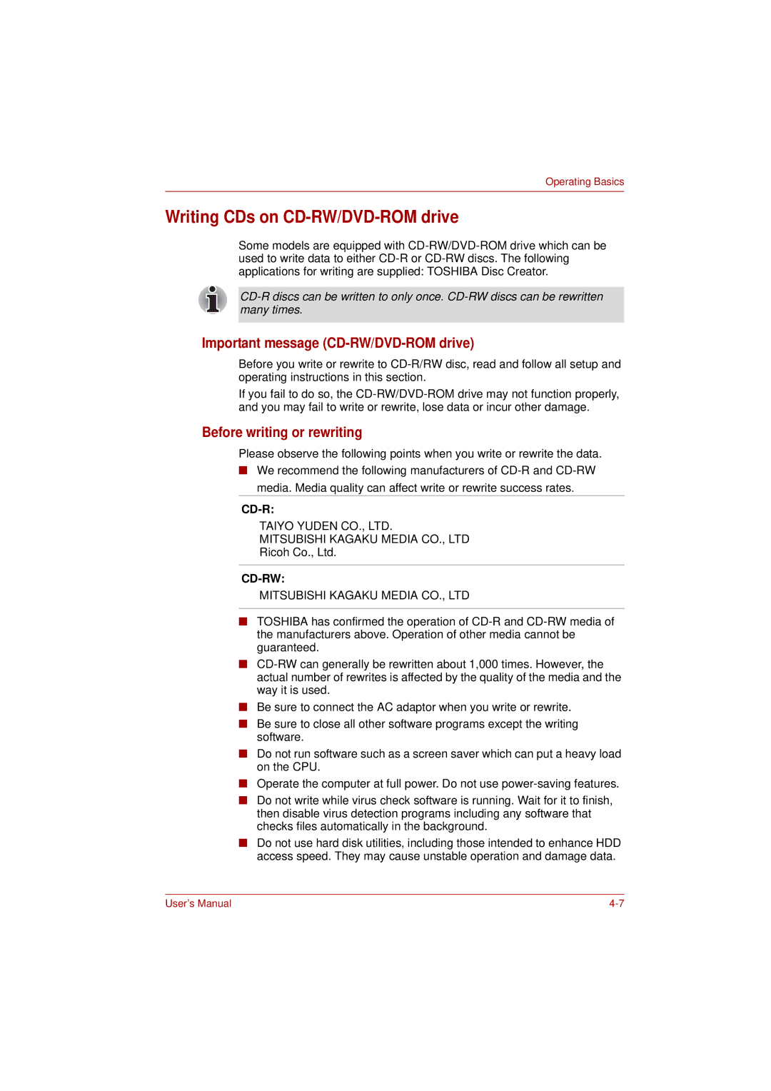 Toshiba PRO L300D Writing CDs on CD-RW/DVD-ROM drive, Important message CD-RW/DVD-ROM drive, Before writing or rewriting 