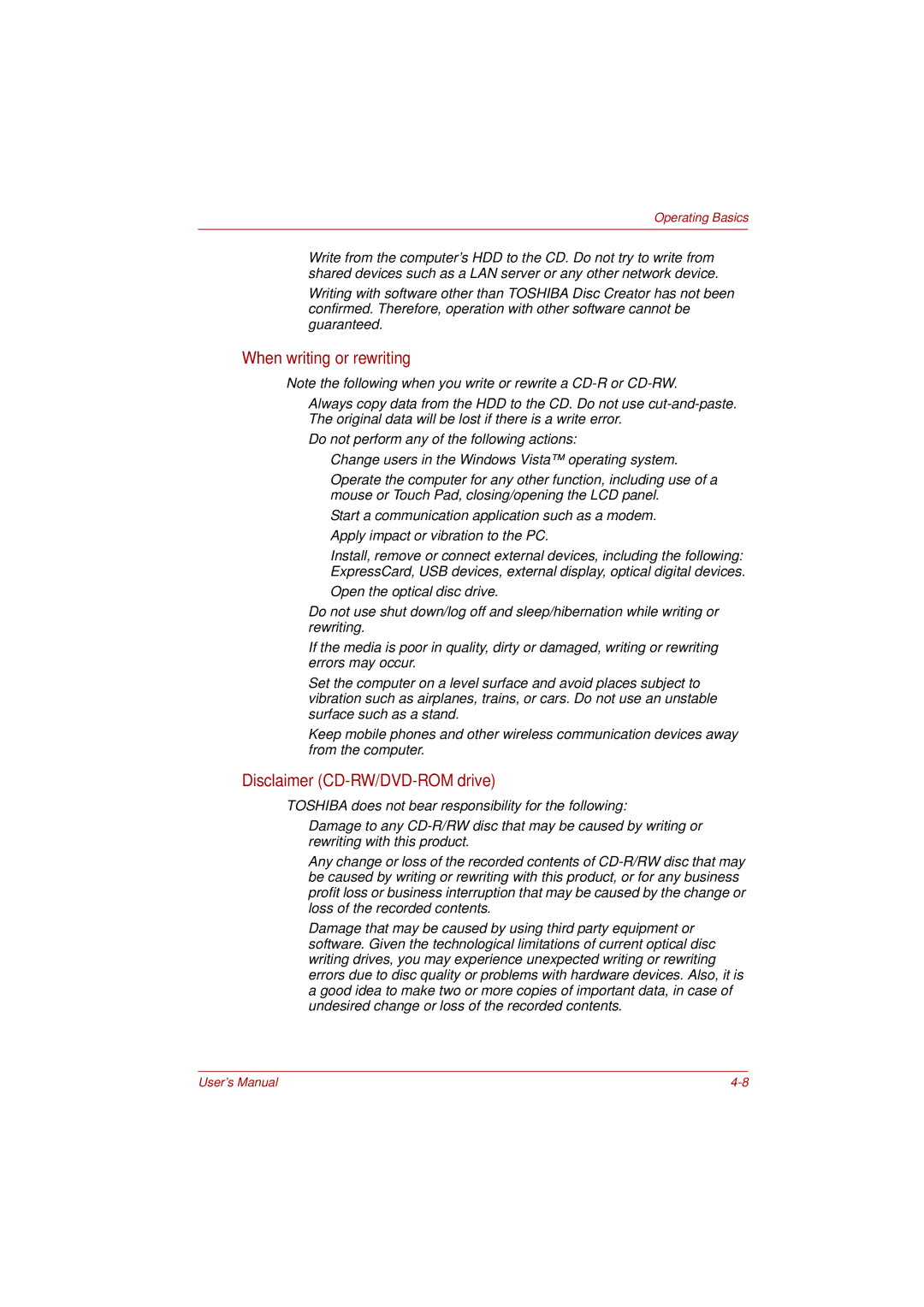 Toshiba PRO L300D user manual When writing or rewriting, Disclaimer CD-RW/DVD-ROM drive 