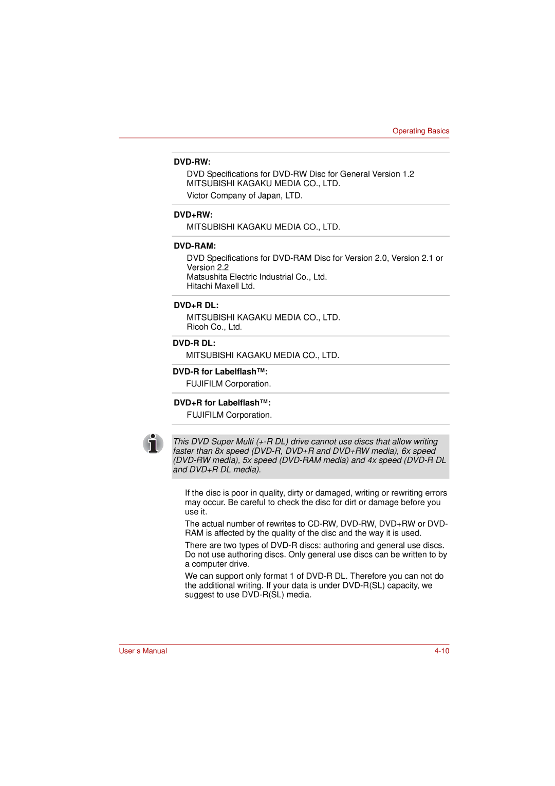 Toshiba PRO L300D user manual DVD-R for Labelflash, DVD+R for Labelflash 