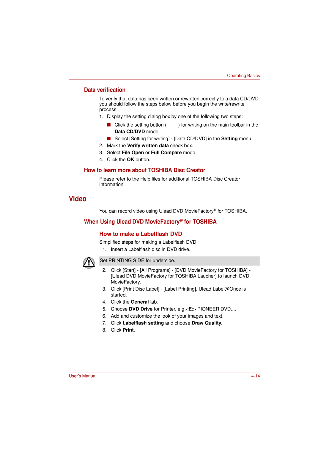 Toshiba PRO L300D user manual Video, Data verification, How to learn more about Toshiba Disc Creator 