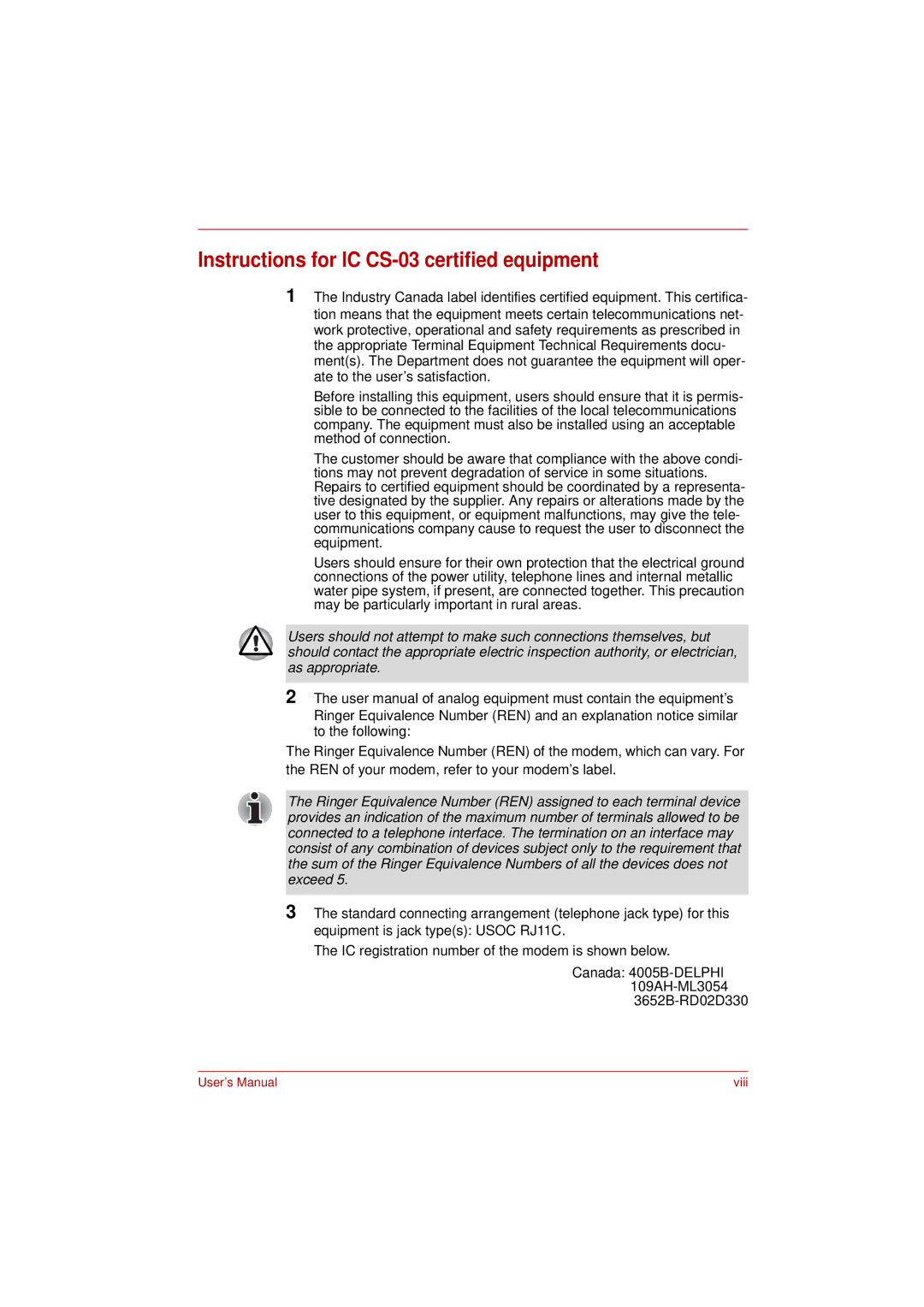 Toshiba PRO L300D user manual Instructions for IC CS-03 certified equipment 