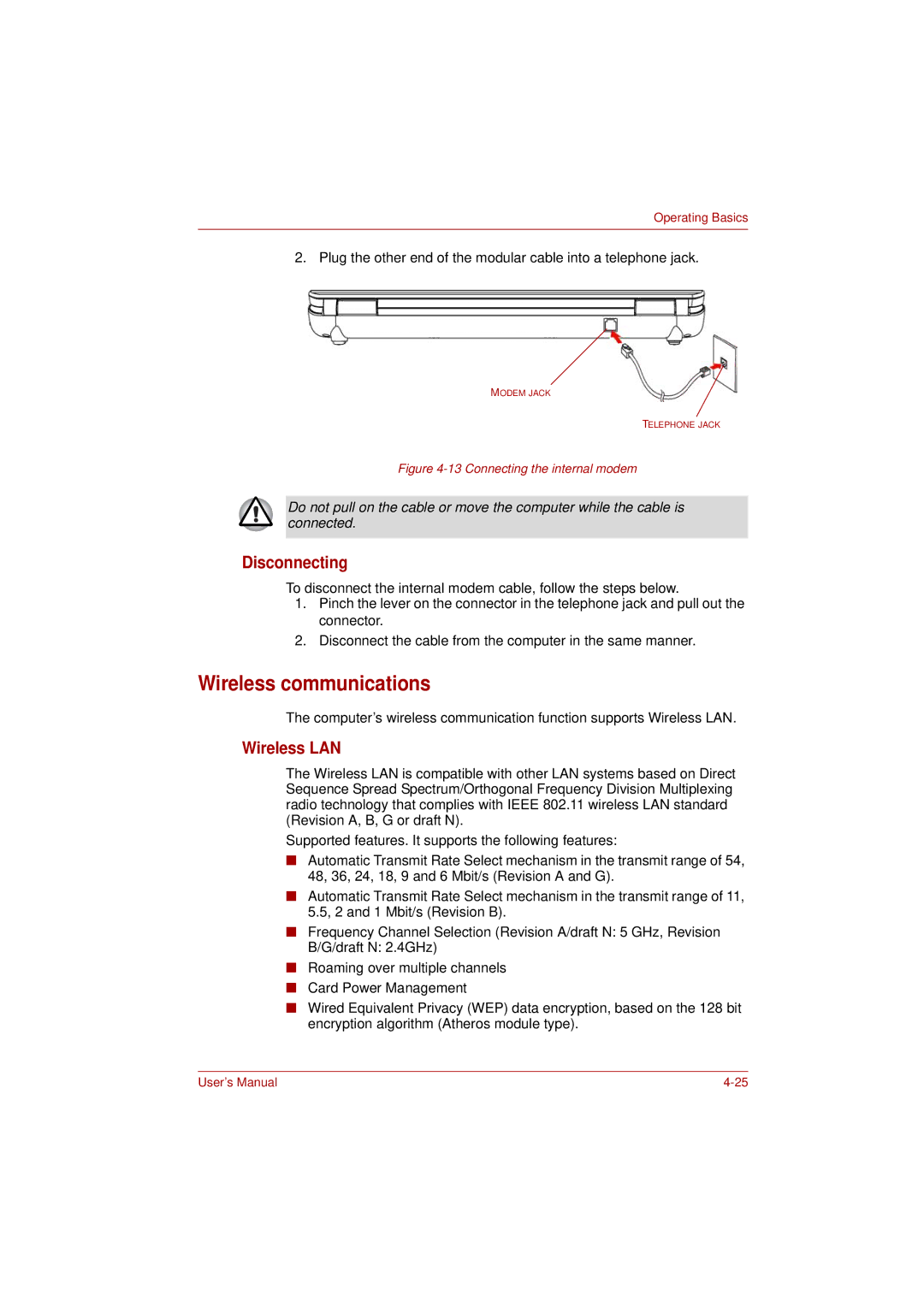 Toshiba PRO L300D user manual Wireless communications, Disconnecting, Wireless LAN 