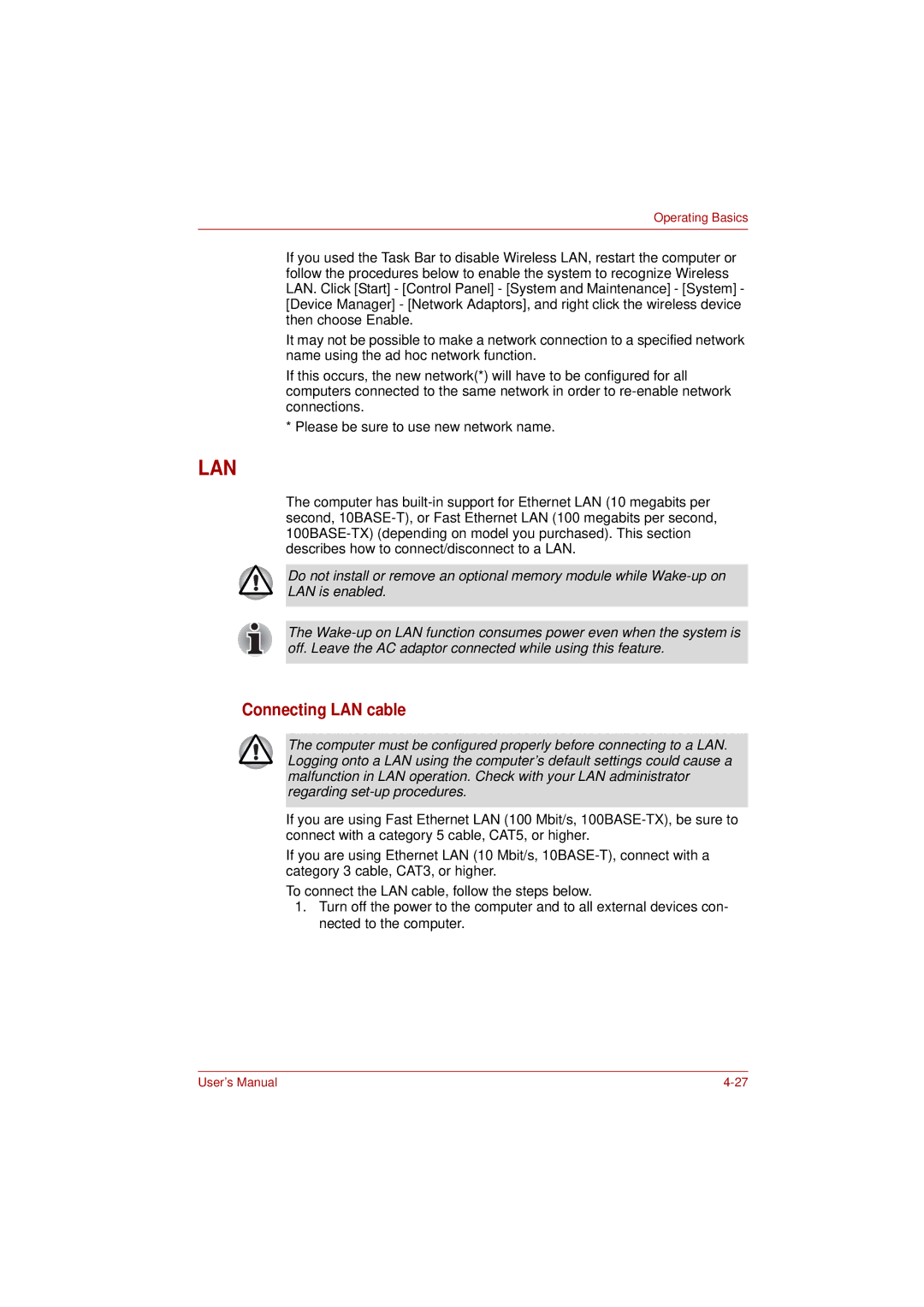 Toshiba PRO L300D user manual Lan, Connecting LAN cable 