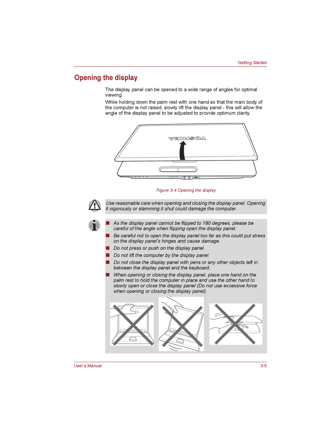 Toshiba PRO L450D manual Opening the display 