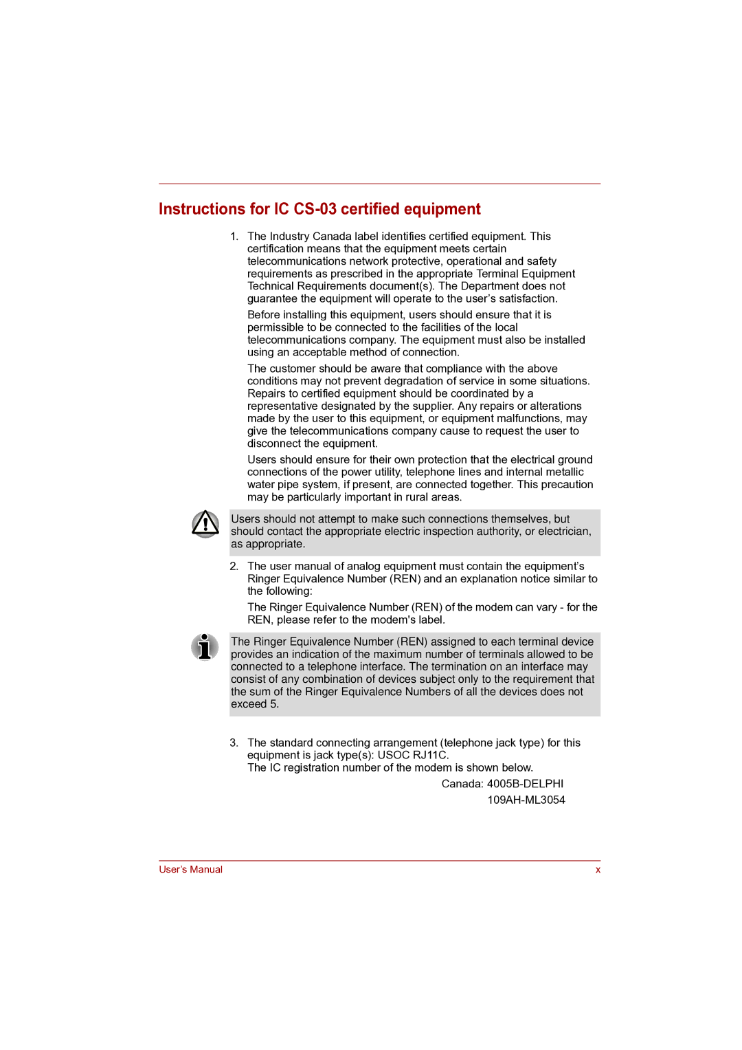 Toshiba Pro L500D user manual Instructions for IC CS-03 certified equipment 