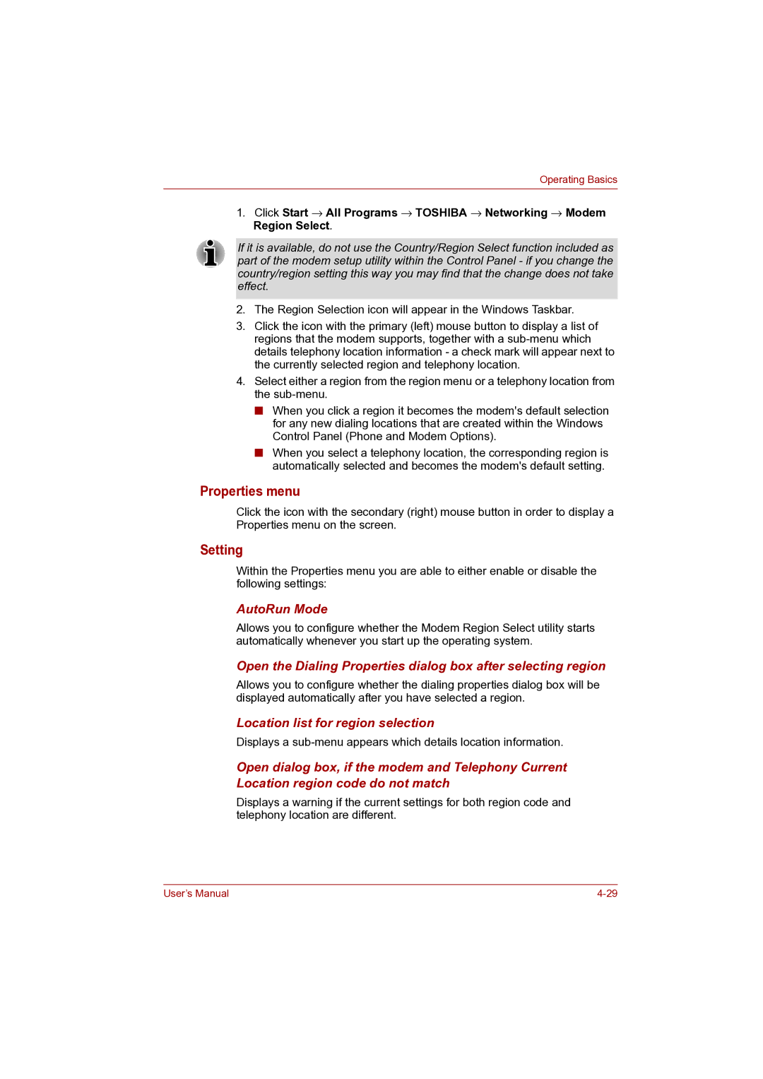 Toshiba Pro L500D user manual Properties menu, Setting 