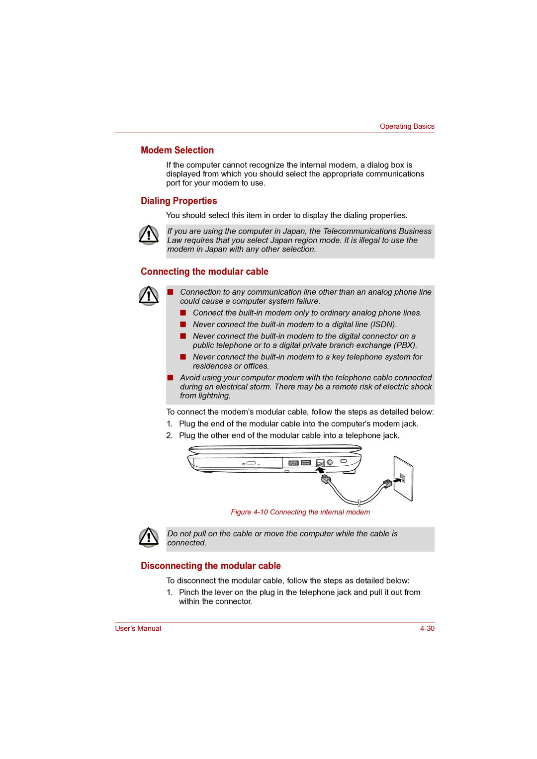 Toshiba Pro L500D Modem Selection, Dialing Properties, Connecting the modular cable, Disconnecting the modular cable 