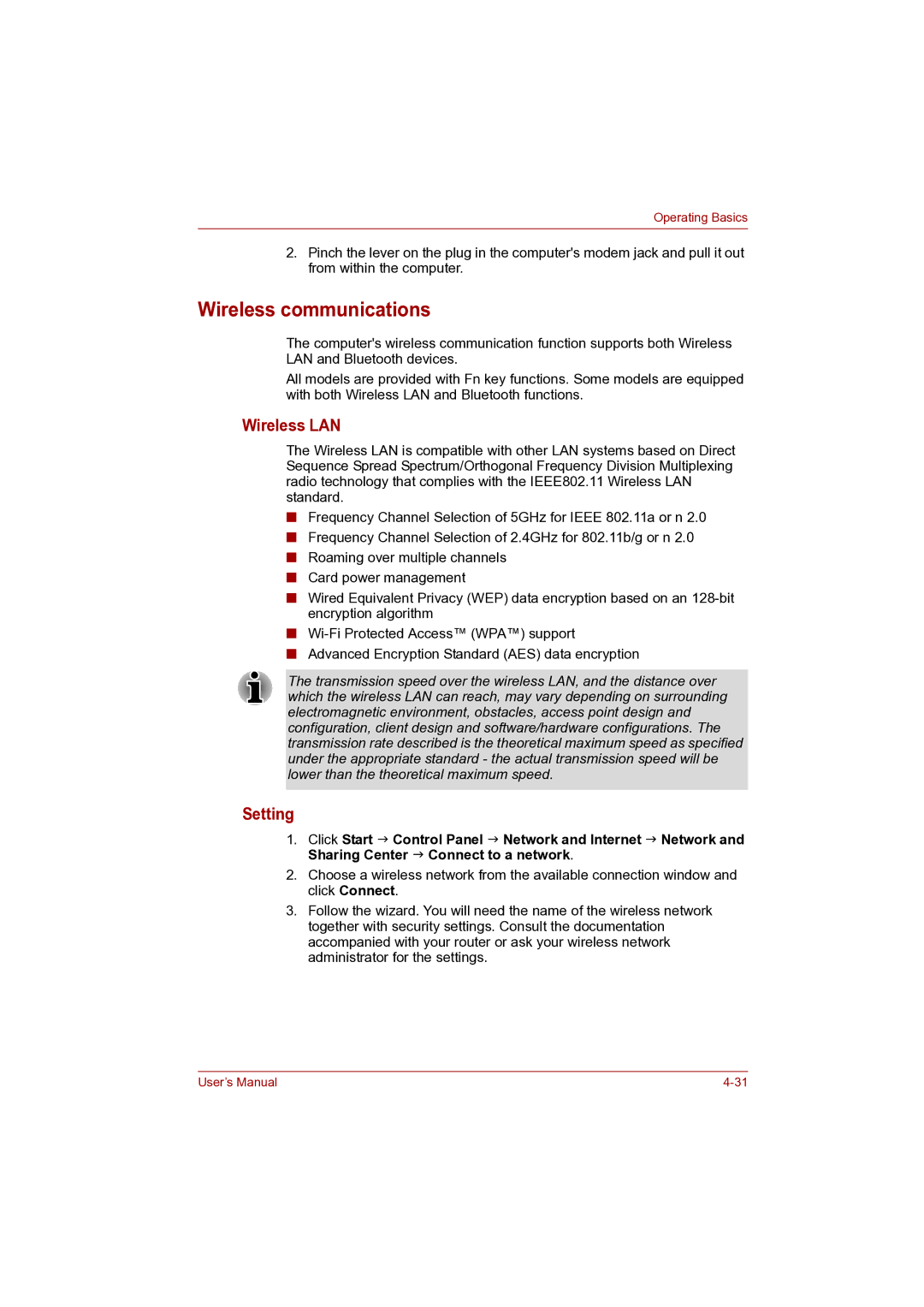 Toshiba Pro L500D user manual Wireless communications, Wireless LAN 