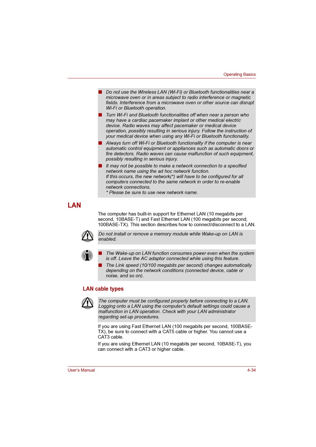 Toshiba Pro L500D user manual Lan, LAN cable types 