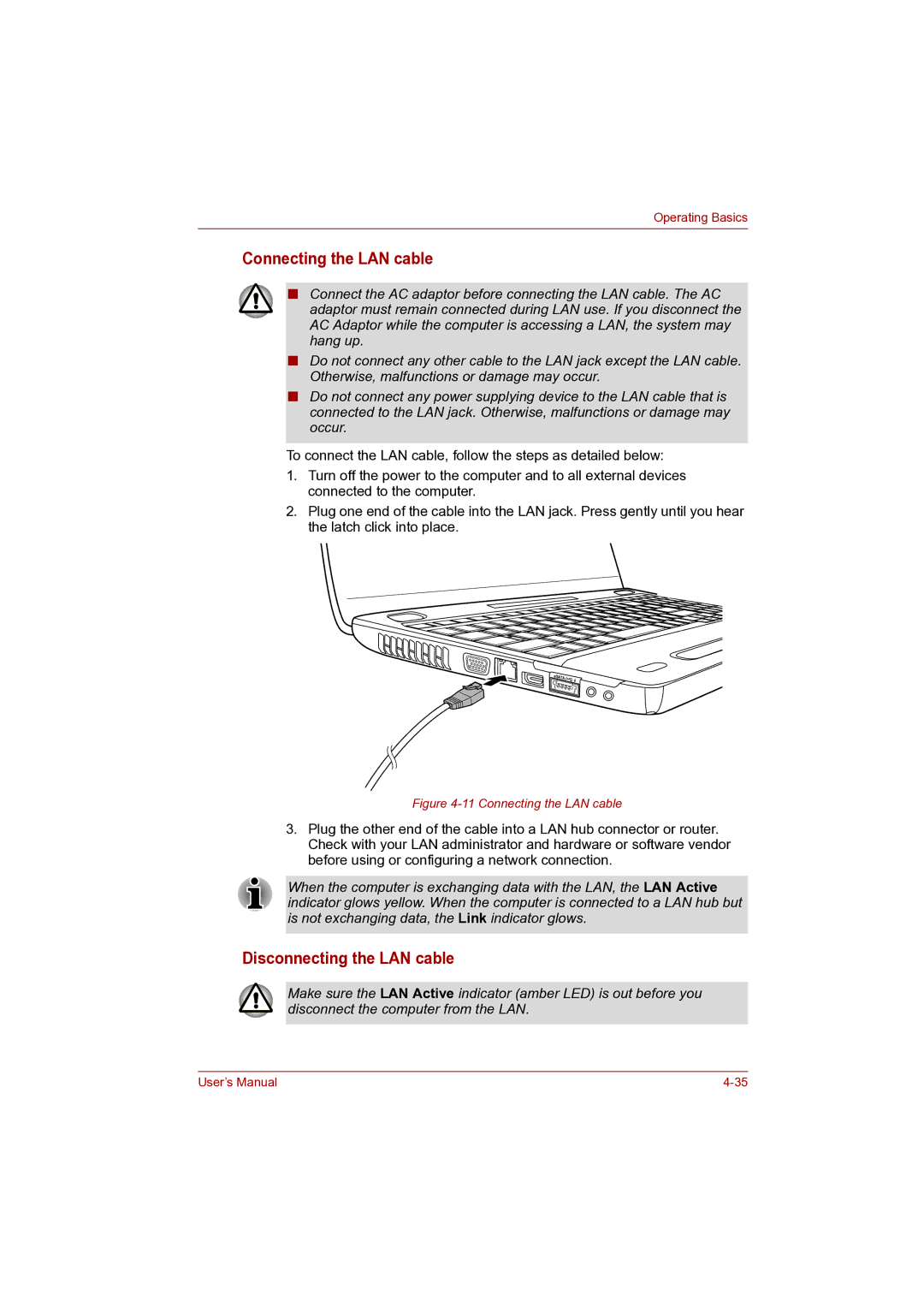 Toshiba Pro L500D user manual Connecting the LAN cable, Disconnecting the LAN cable 