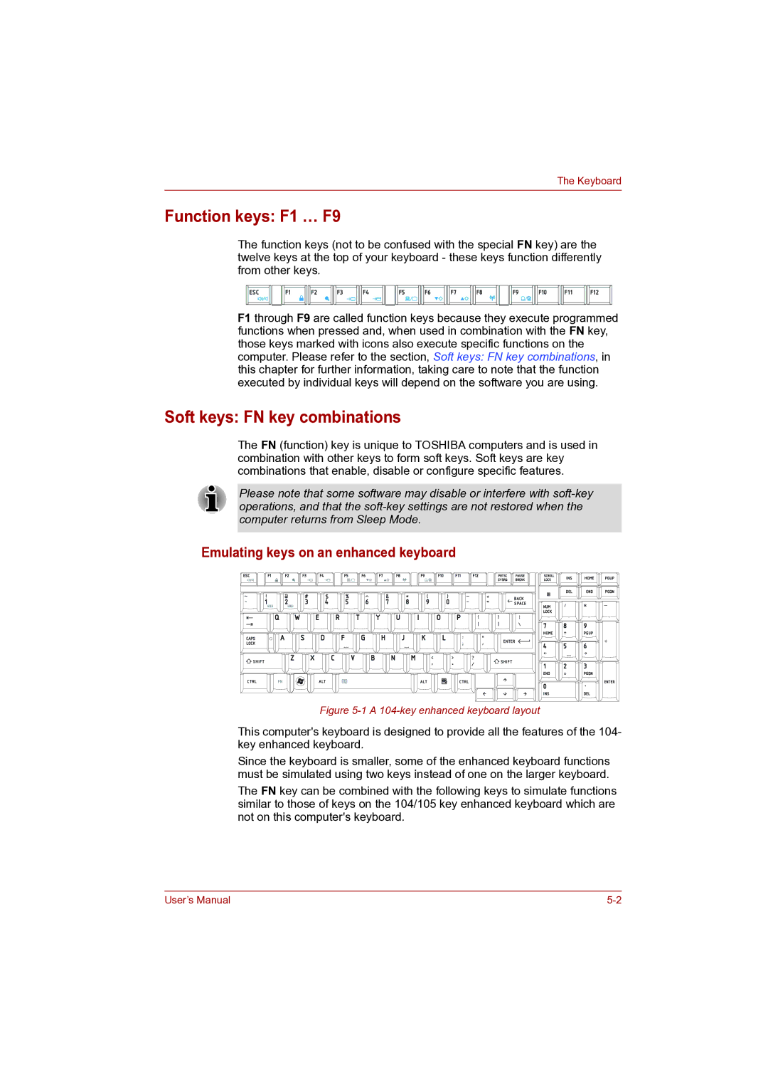 Toshiba Pro L500D Function keys F1 … F9, Soft keys FN key combinations, Emulating keys on an enhanced keyboard 