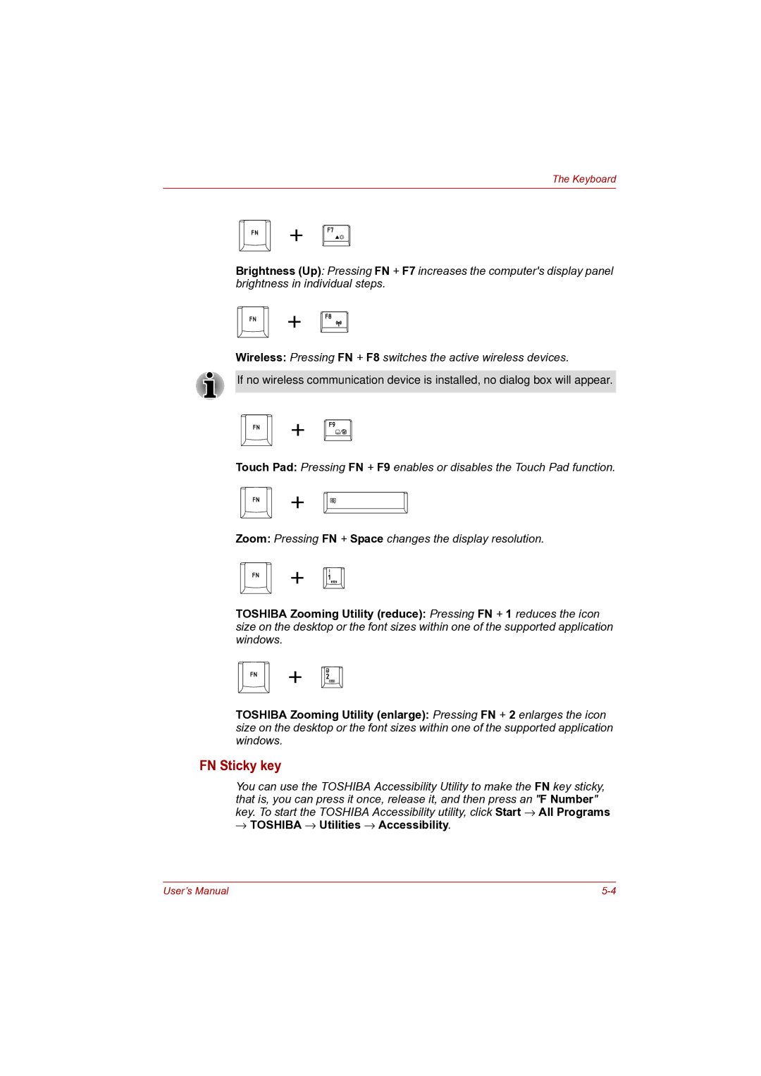 Toshiba Pro L500D user manual FN Sticky key, → Toshiba → Utilities → Accessibility 