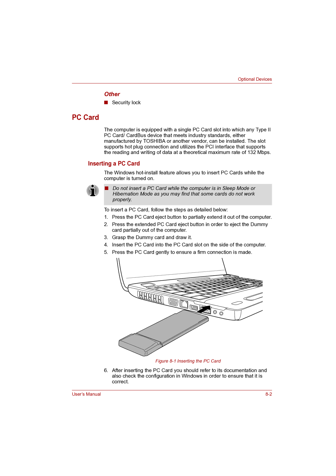 Toshiba Pro L500D user manual Inserting a PC Card, Other 