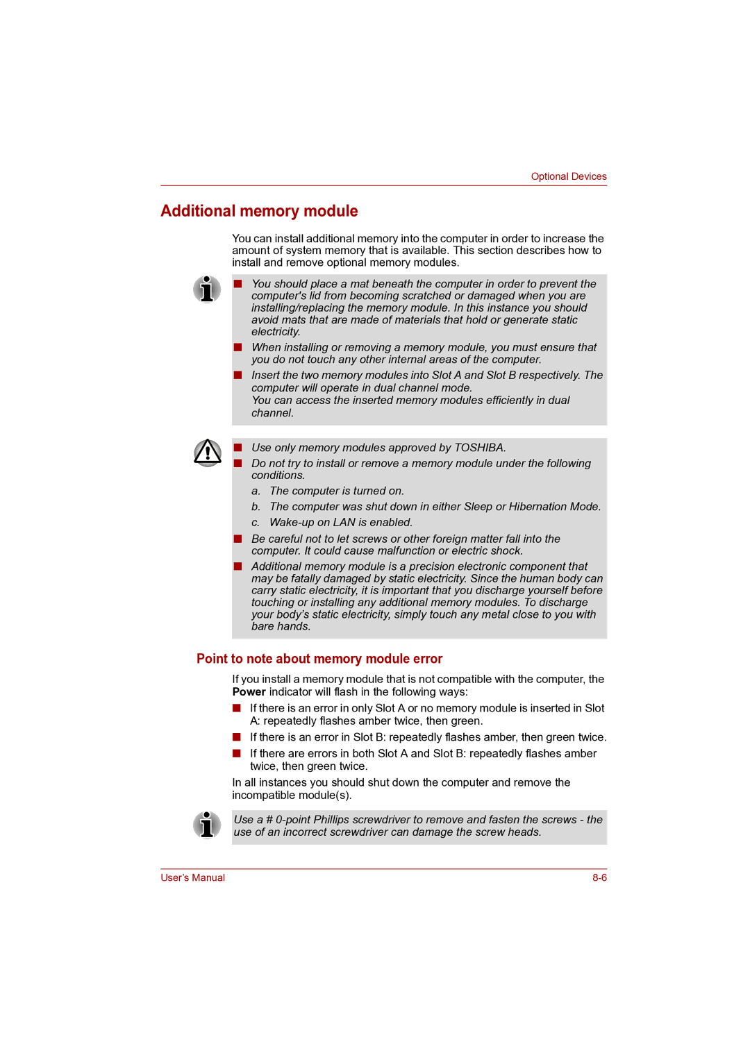 Toshiba Pro L500D user manual Additional memory module, Point to note about memory module error 