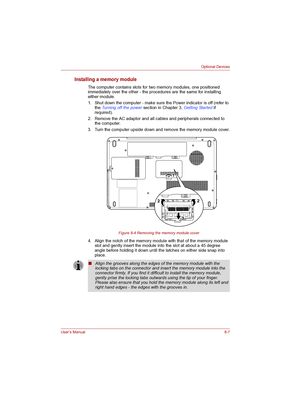 Toshiba Pro L500D user manual Installing a memory module, Removing the memory module cover 