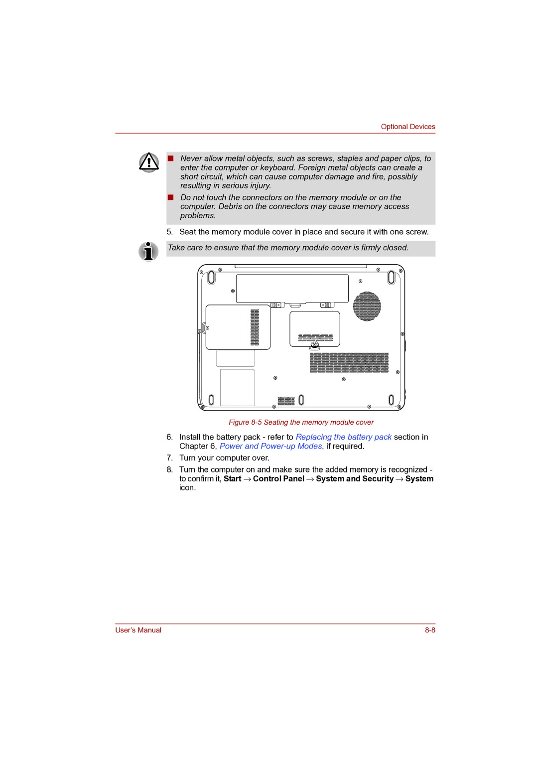 Toshiba Pro L500D user manual Seating the memory module cover 